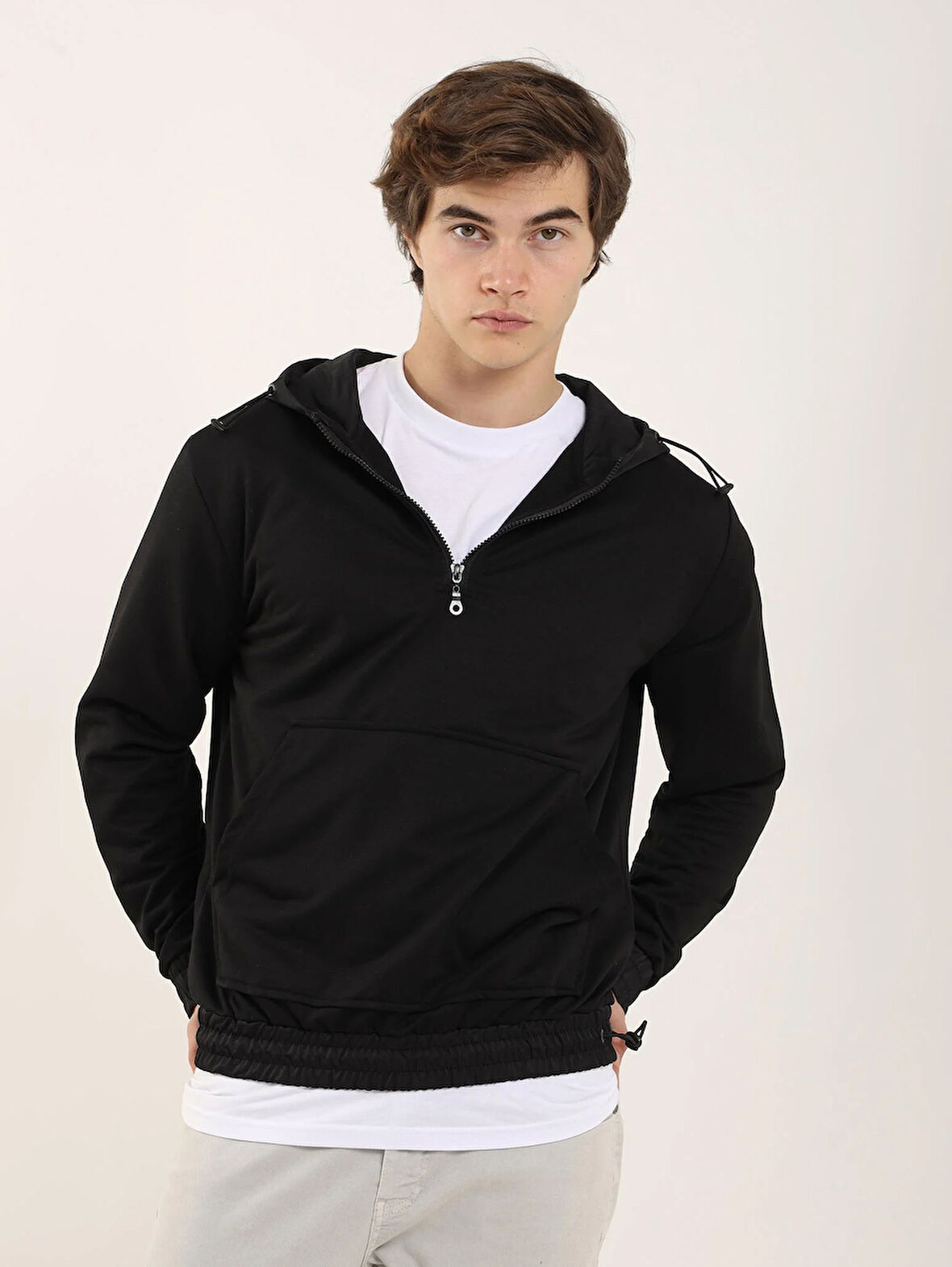 Dufy Siyah Erkek Regular Fit Düz Fermuarlı Kapüşonlu   Sweatshirt - 91874