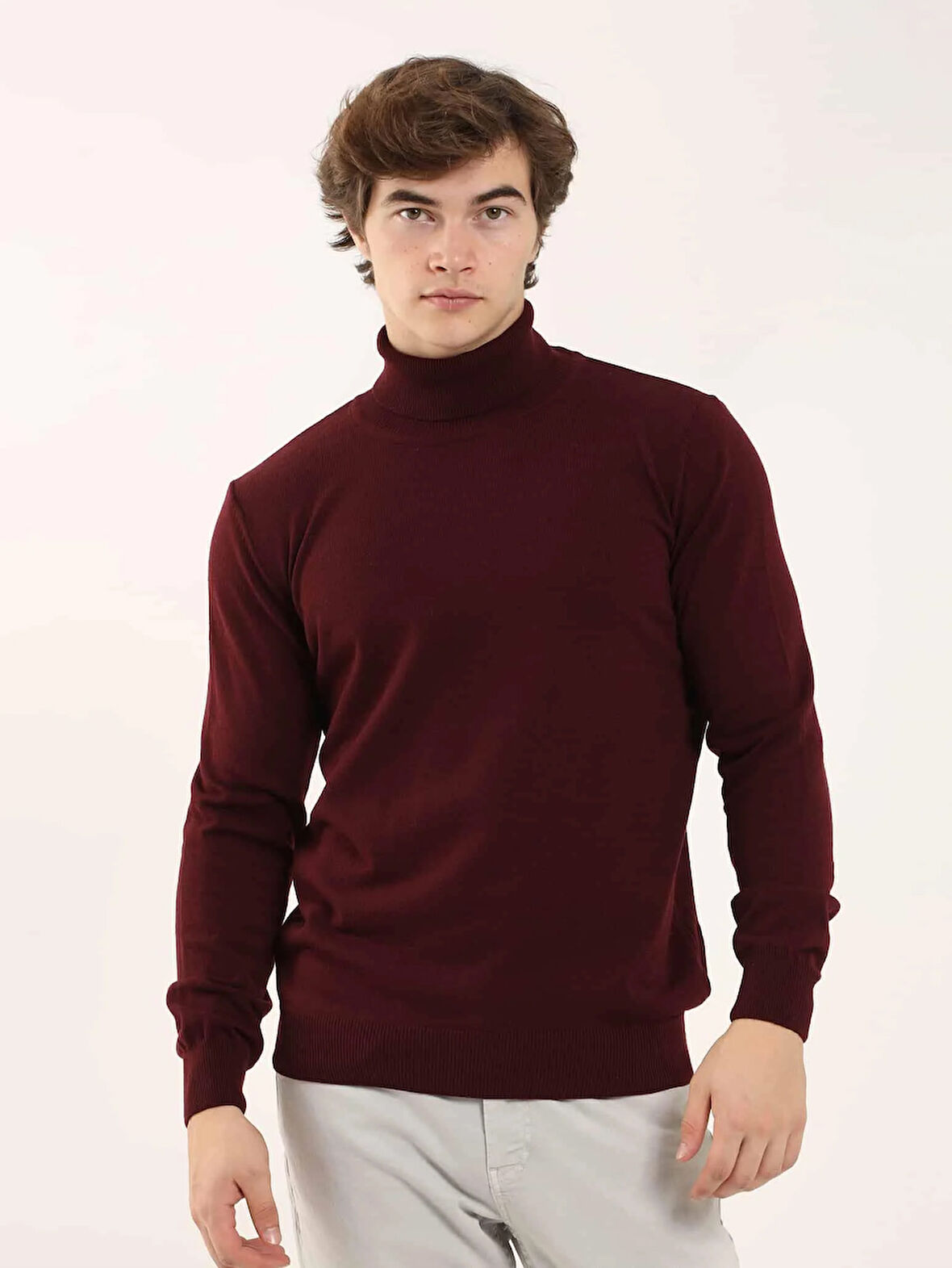 Dufy Bordo Erkek Slim Fit Düz Klasik Tam Balıkçı Yaka Kazak - 91062