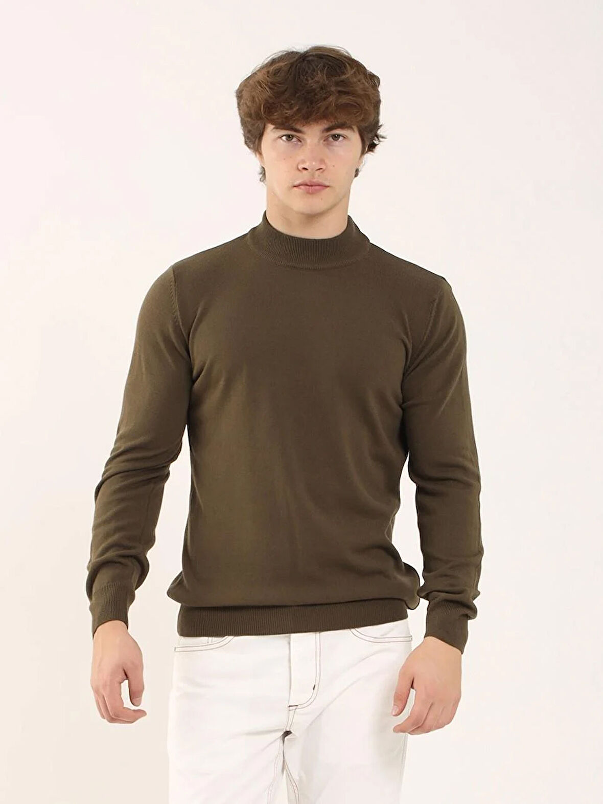 Dufy Haki Erkek Slim Fit Düz Klasik Yarım Balıkçı Yaka Kazak - 91087