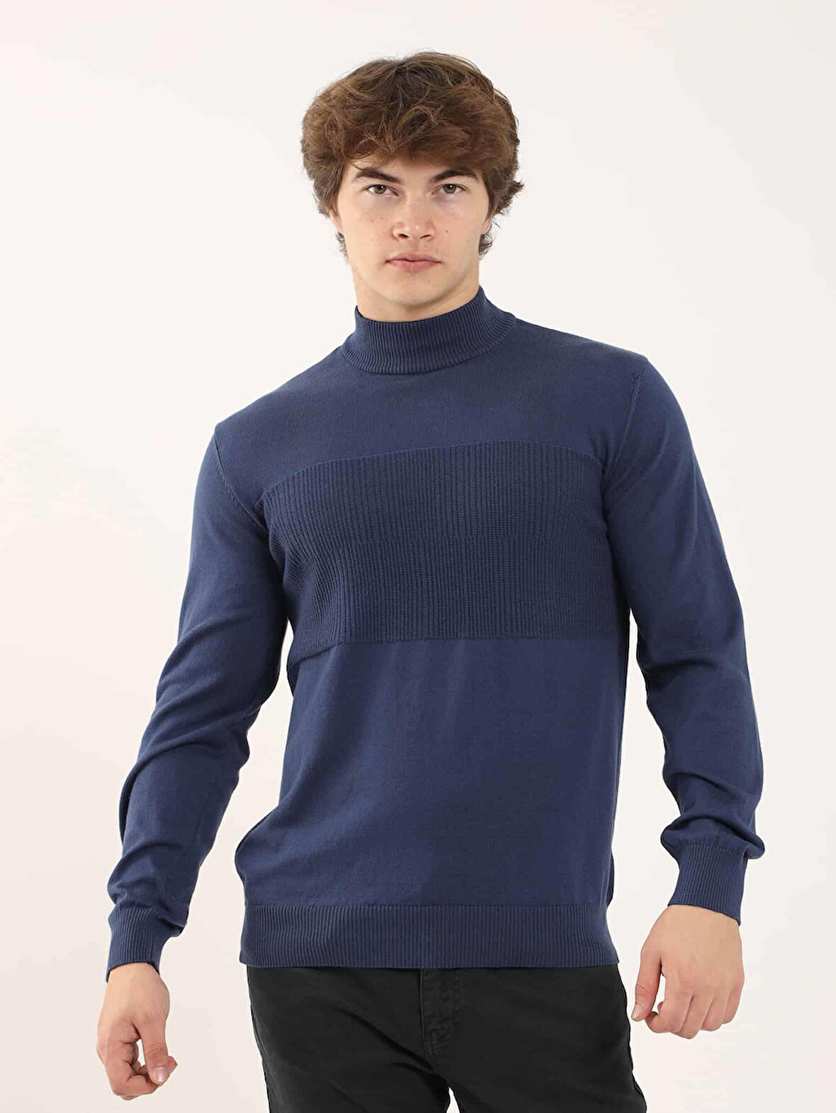 Dufy İndigo Erkek Regular Fit Desenli Dik Yaka Kazak - 90634