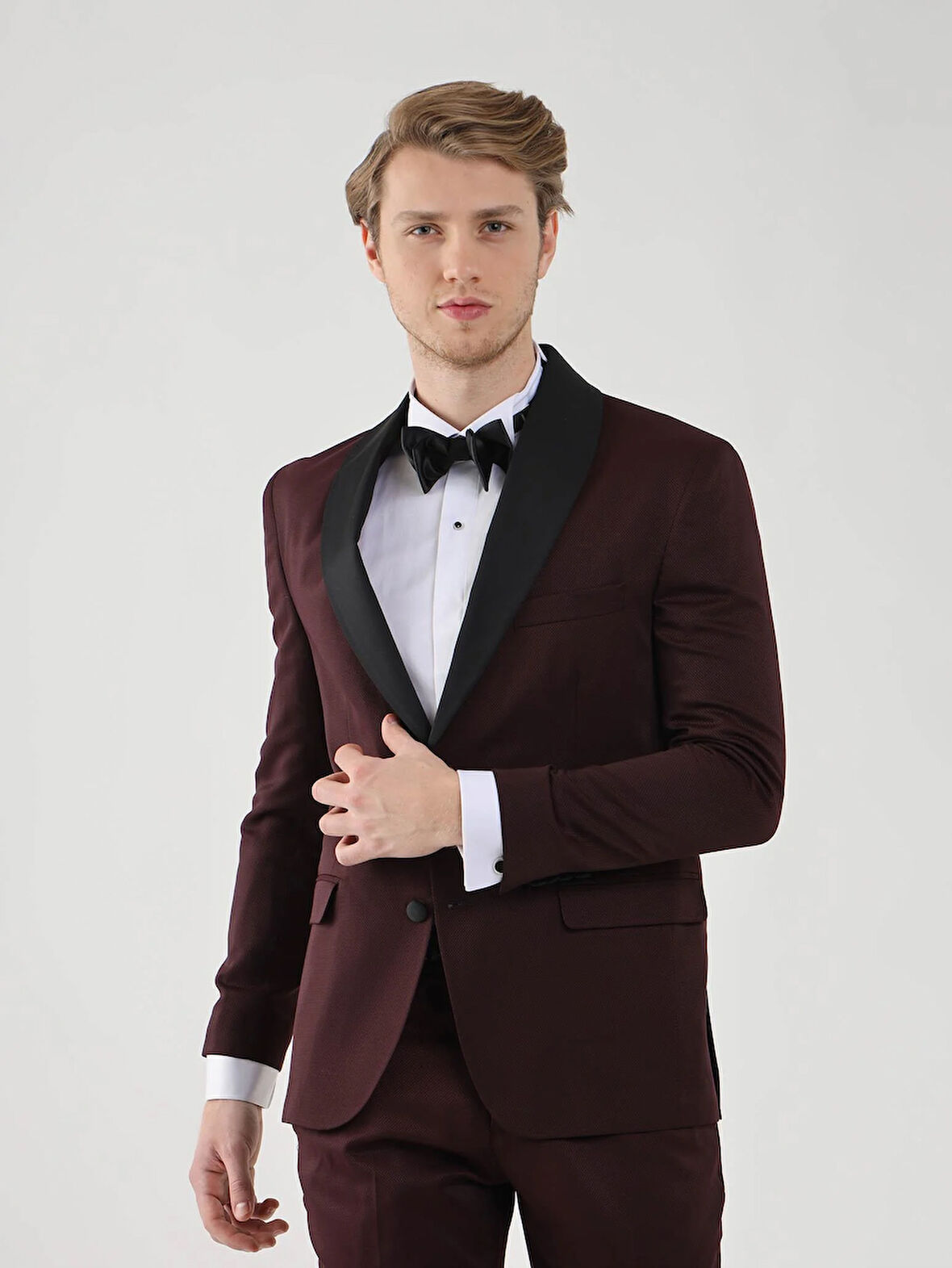 Dufy Bordo Erkek Slim Fit Düz Sivri Yaka Smokin Takım - 92433