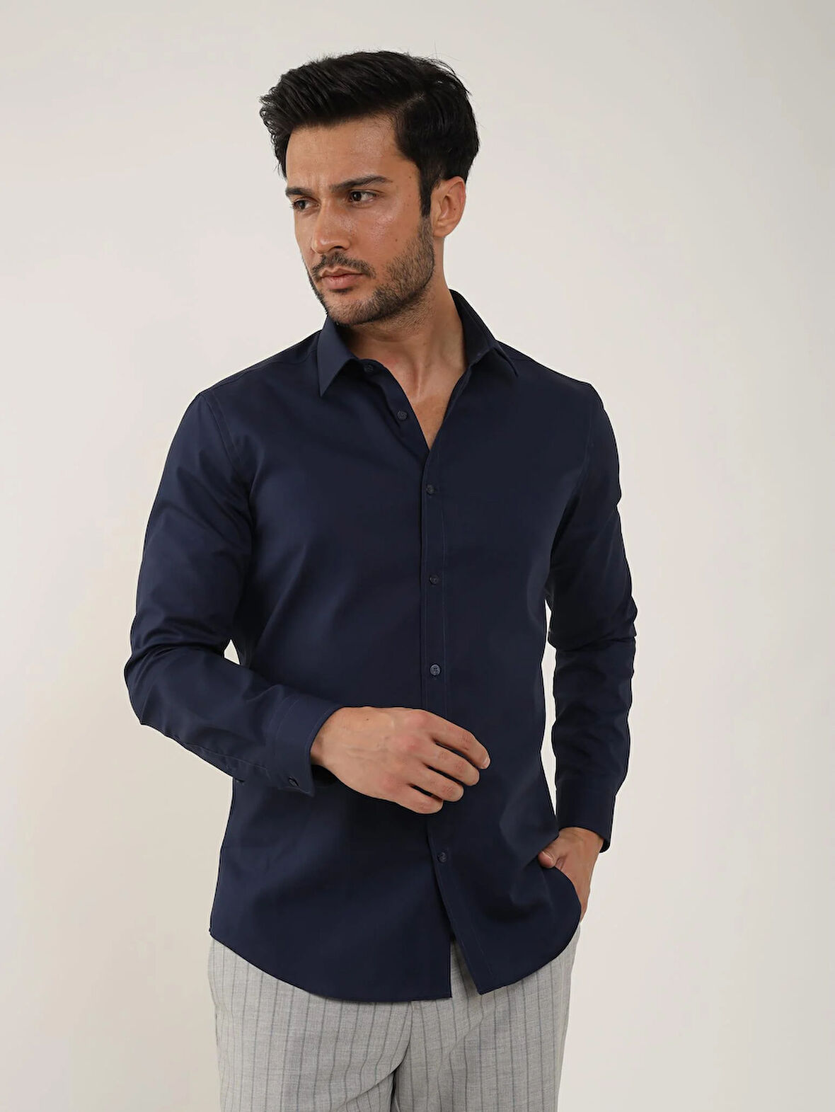 Dufy Lacivert Erkek Slim Fit Düz Klasik Yaka Uzun Kol Gömlek - 92858