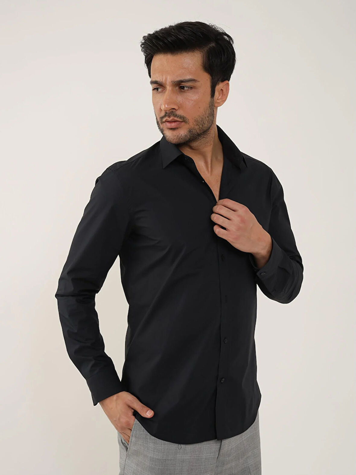 Dufy Siyah Erkek Slim Fit Düz Klasik Yaka Uzun Kol Gömlek - 92868