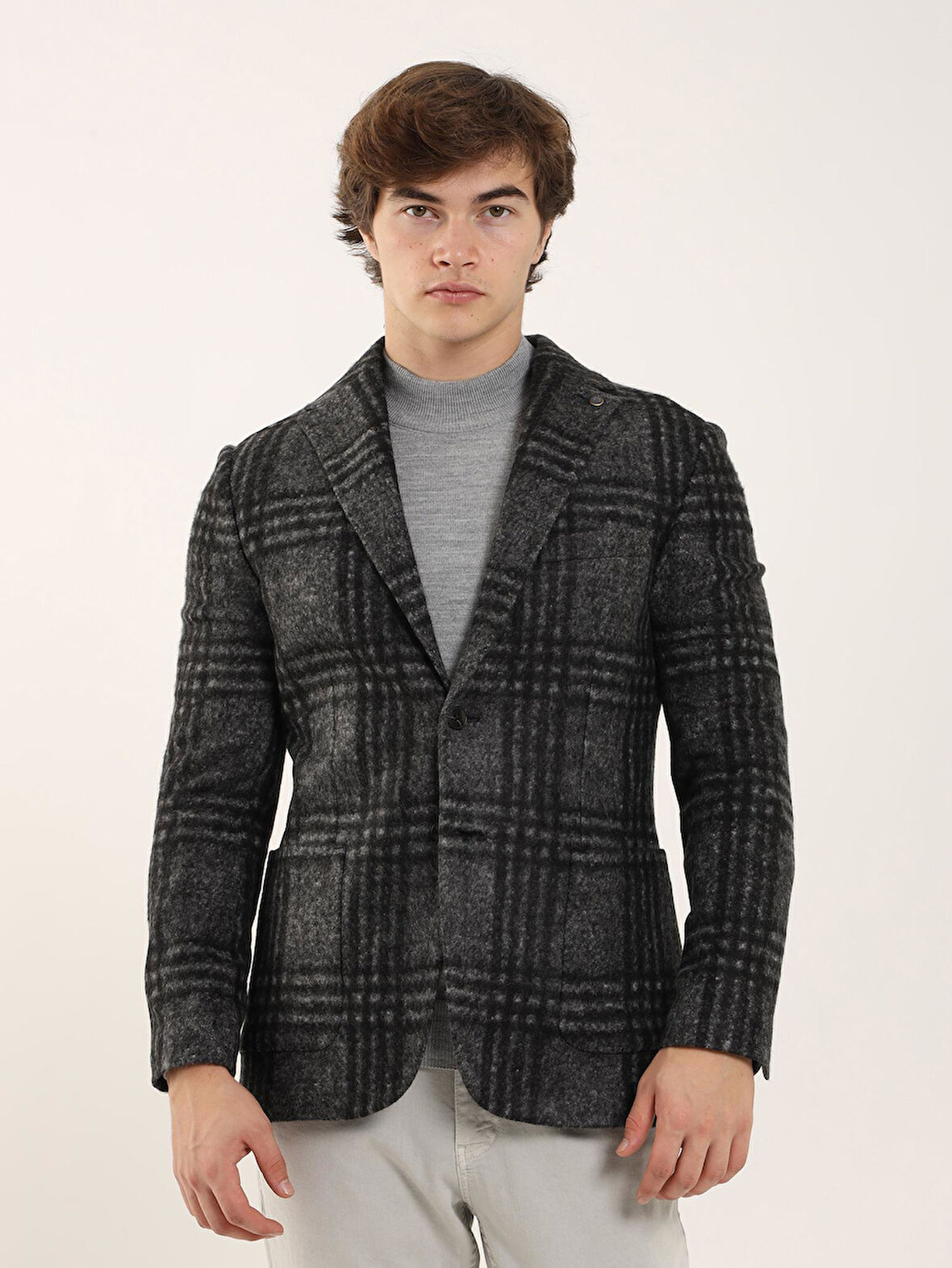 Dufy Siyah Erkek Slim Fit Ekose Desenli Casual Mono Yaka Ceket - 94240