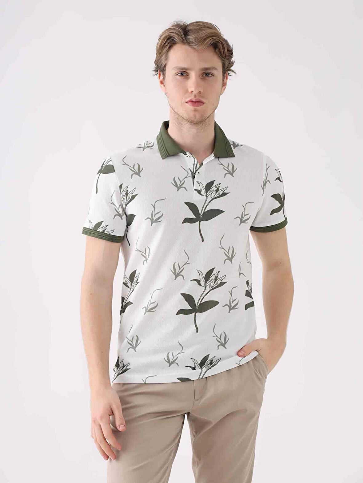 Dufy Haki Erkek Slim Fit Çiçek Desenli Casual Polo Yaka Tshirt - 94256