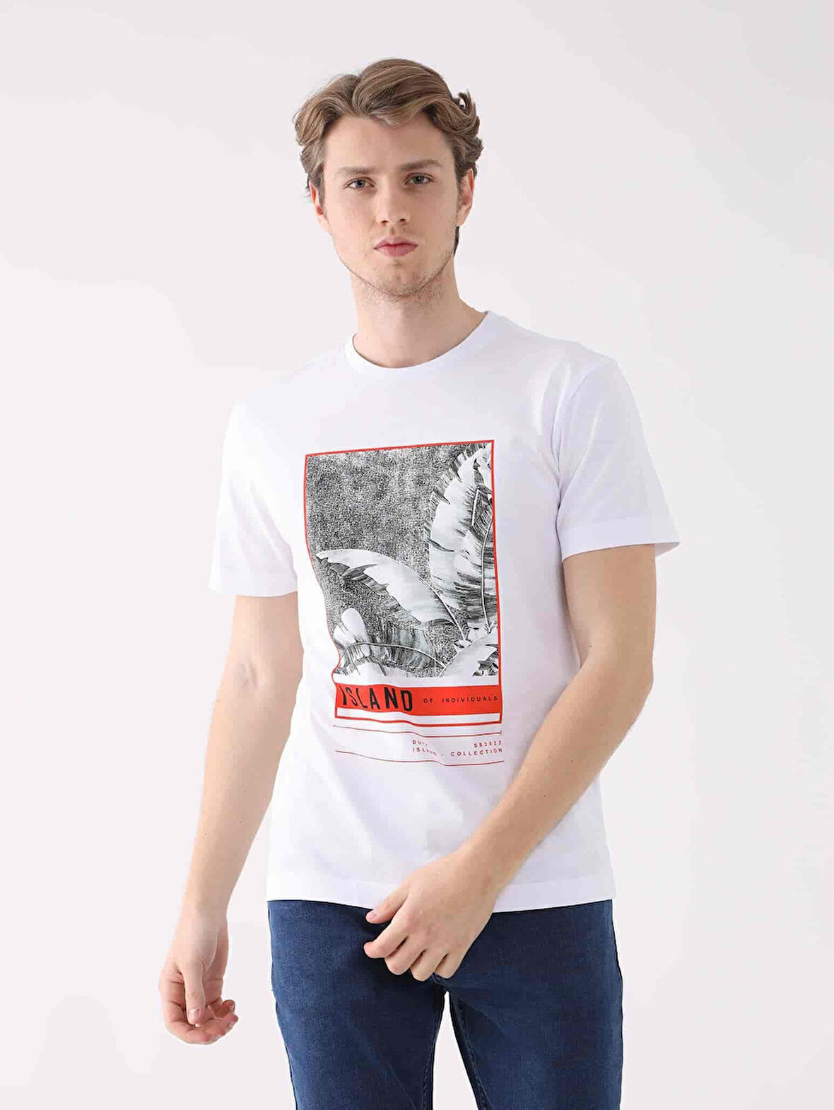 Dufy Beyaz Erkek Regular Fit Baskılı Casual O Yaka Tshirt - 94346