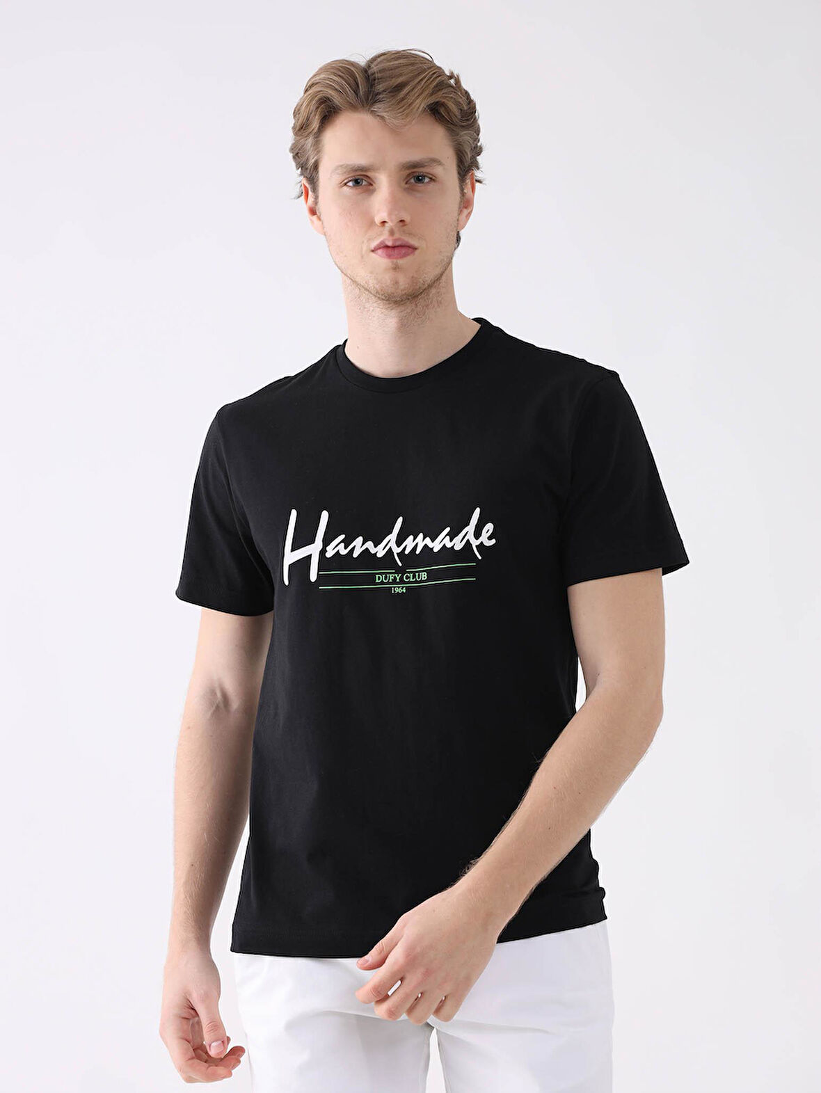 Dufy Siyah Erkek Regular Fit Baskılı Casual O Yaka Tshirt - 94356