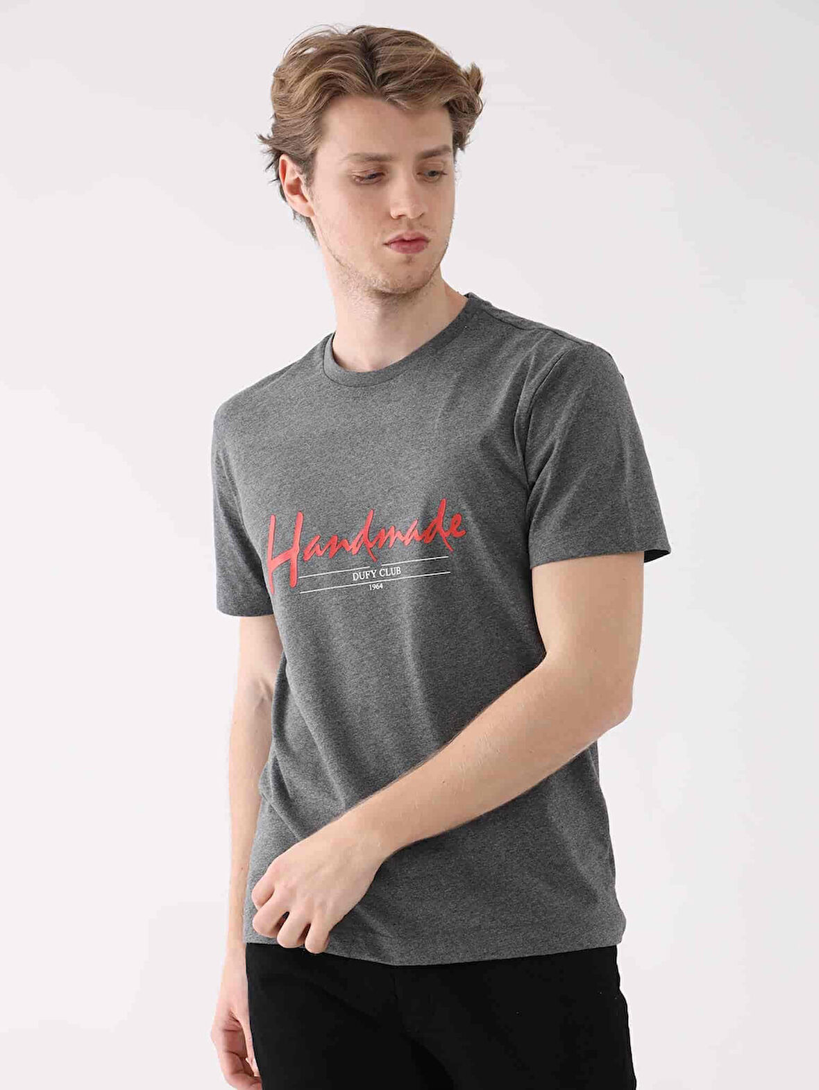 Dufy Antrasit Melanj Erkek Regular Fit Baskılı Casual O Yaka Tshirt - 94377