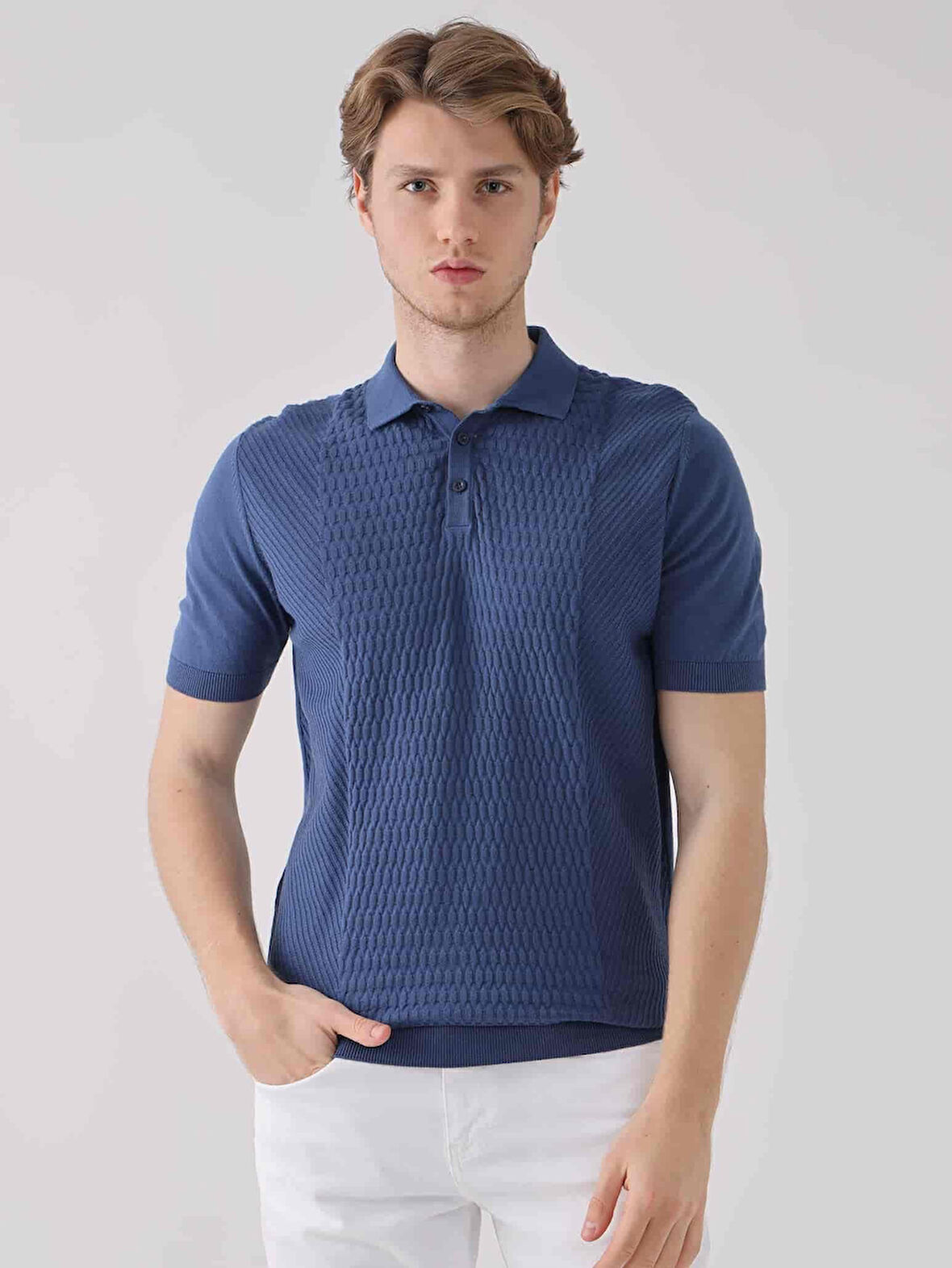 Dufy İndigo Erkek Regular Fit Desenli Pamuklu Polo Yaka Kazak - 94538