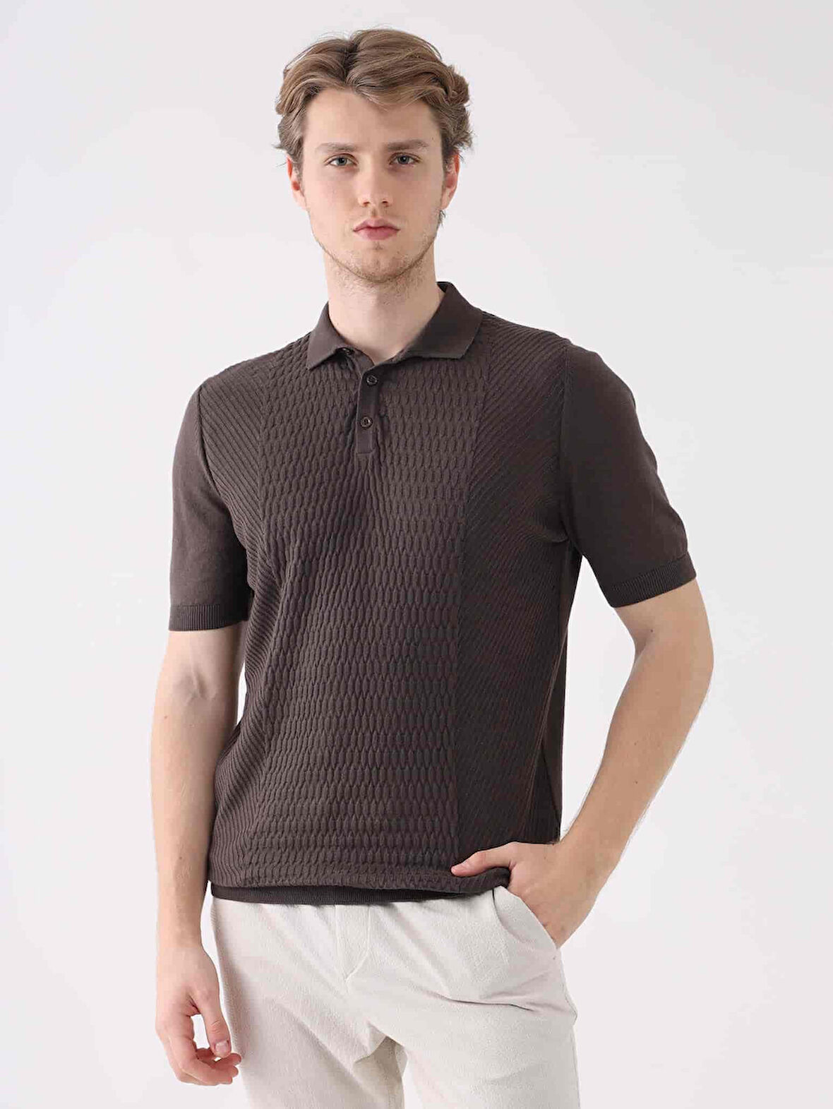 Dufy Kahverengi Erkek Regular Fit Desenli Pamuklu Polo Yaka Kazak - 94543