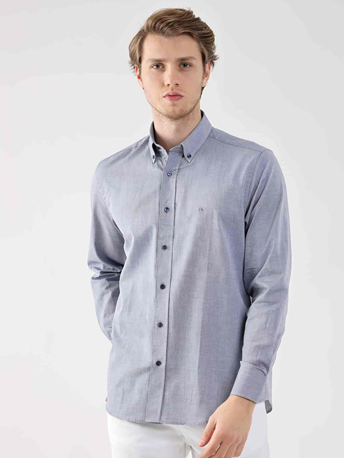 Dufy Lacivert Erkek Regular Fit Oxford Brent Düğmeli Yaka Uzun Kol Gömlek - 94842