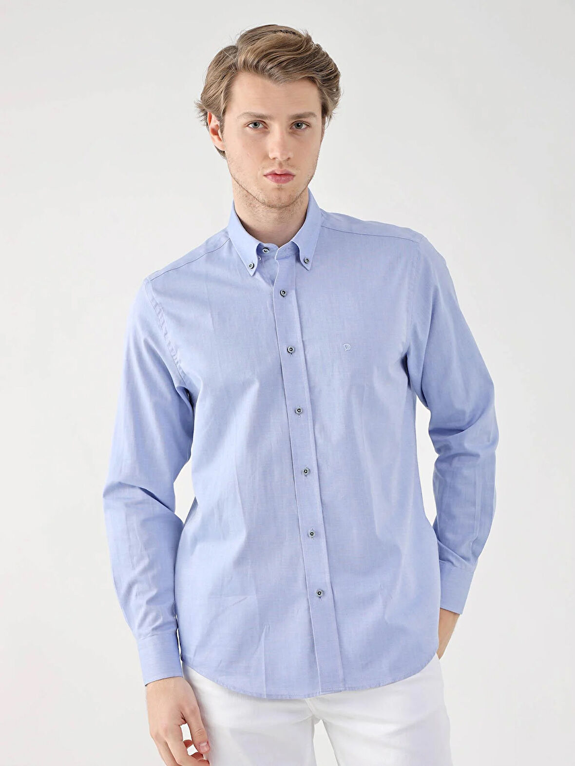 Dufy Koyu Mavi Erkek Regular Fit Oxford Brent Düğmeli Yaka Uzun Kol Gömlek - 94857