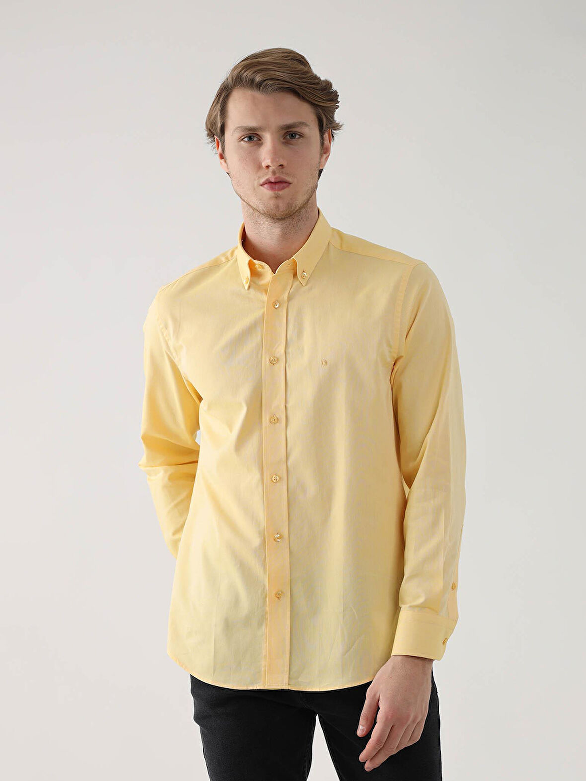 Dufy Sarı Erkek Regular Fit Oxford Brent Düğmeli Yaka Uzun Kol Gömlek - 94862