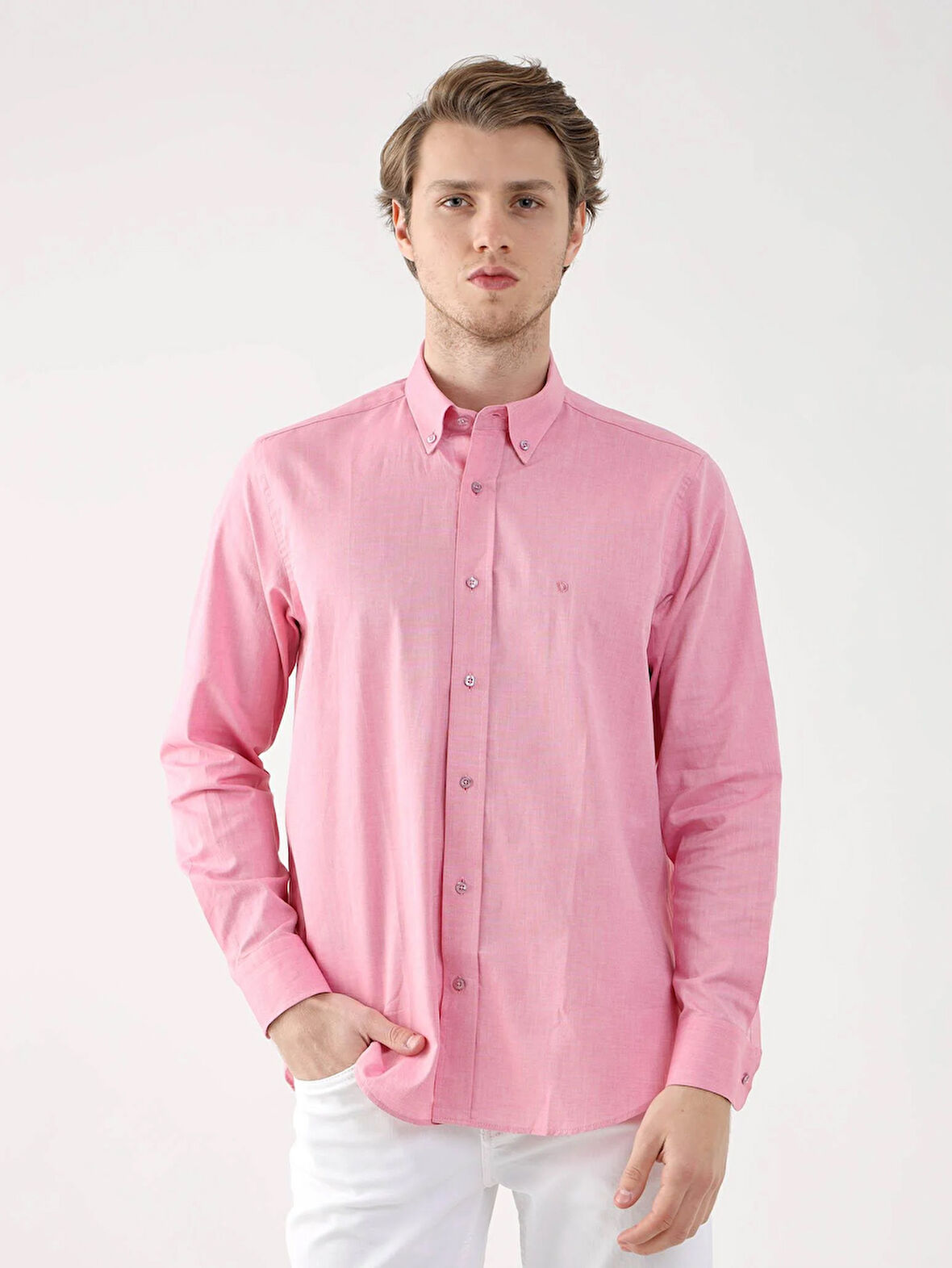 Dufy Pembe Erkek Regular Fit Oxford Brent Düğmeli Yaka Uzun Kol Gömlek - 94867