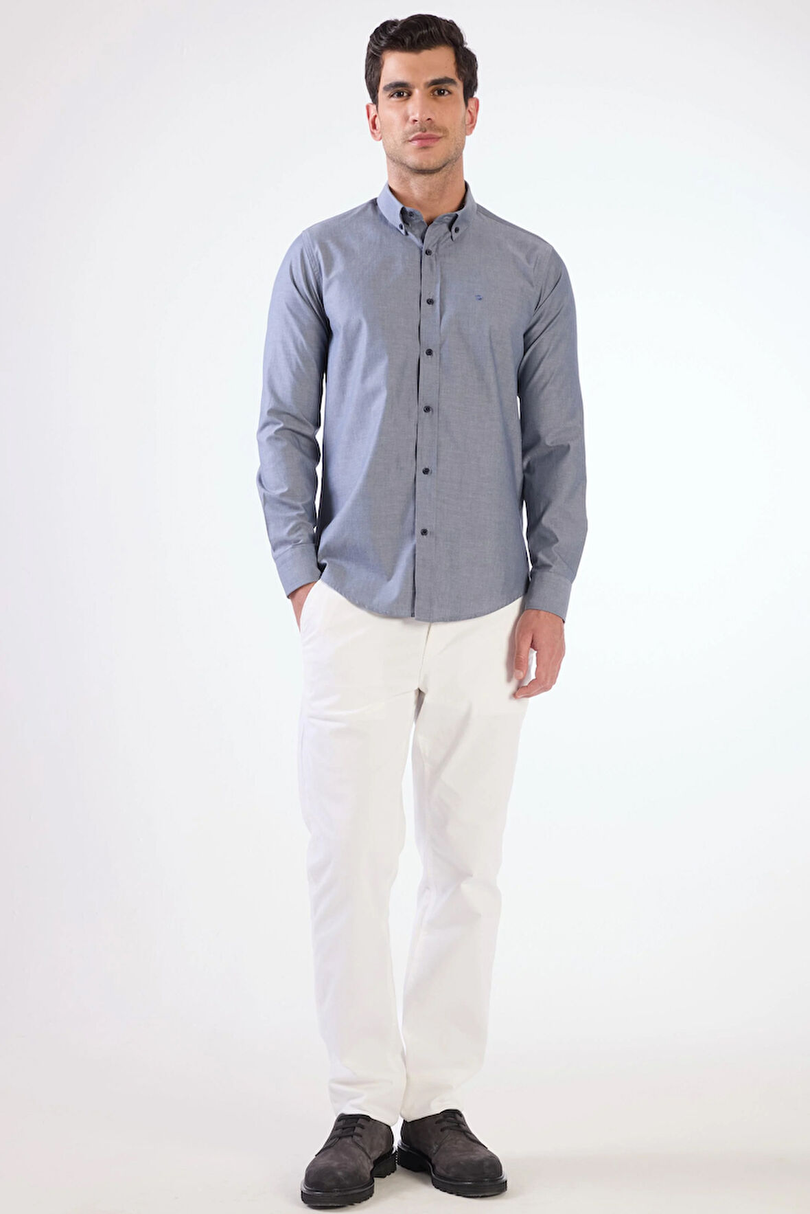 Lacivert Erkek Regular Fit Melanj Desenli Düğmeli Yaka Uzun Kol Gömlek 