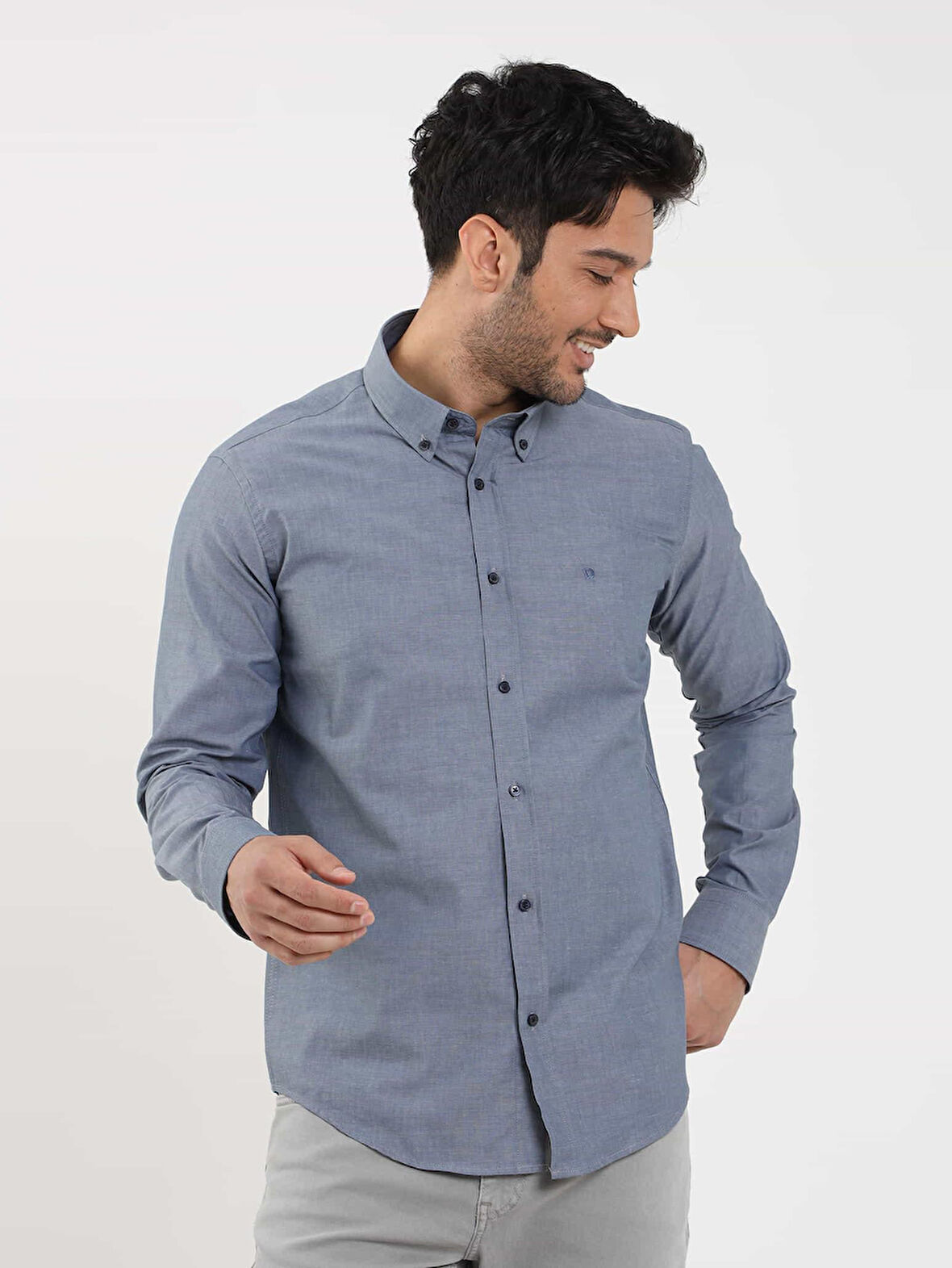 Dufy Açık Lacivert Erkek Regular Fit Melanj Desenli Düğmeli Yaka Uzun Kol Gömlek - 95053