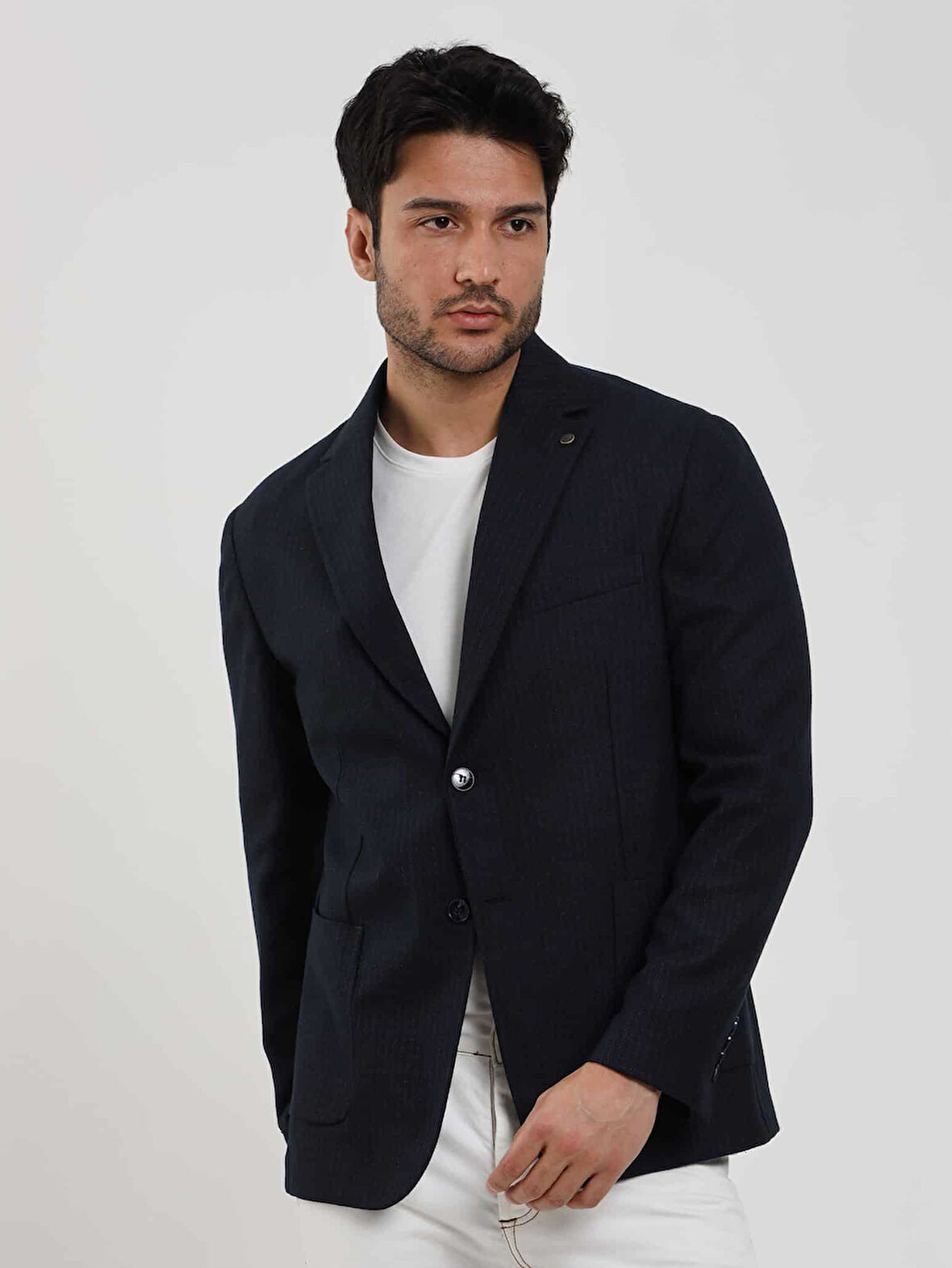 Dufy Lacivert Erkek Slim Fit Çizgili Casual Mono Yaka Ceket - 97108