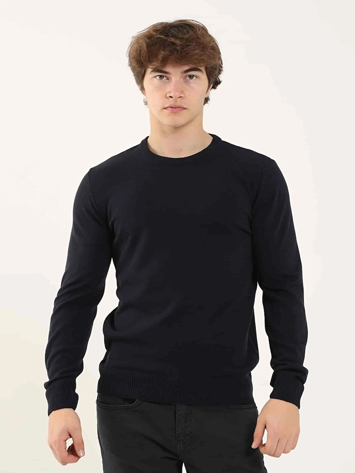 Dufy Lacivert Erkek Slim Fit Düz Klasik O Yaka Kazak - 97514