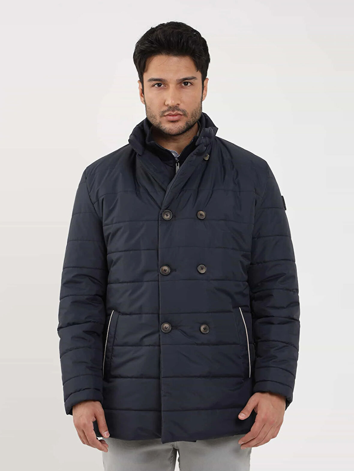 Dufy Lacivert Erkek Regular Fit Düz Kapüşonlu Şişme Mont - 97567