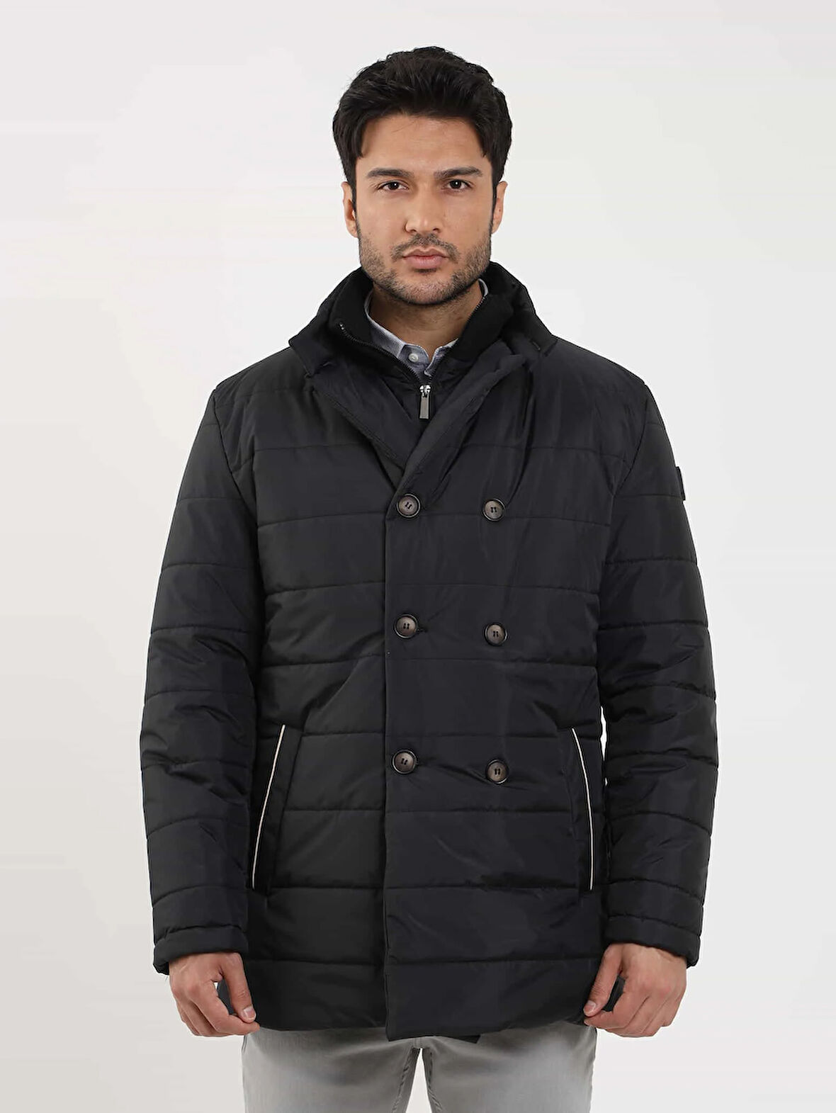 Dufy Siyah Erkek Regular Fit Düz Kapüşonlu Şişme Mont - 97577