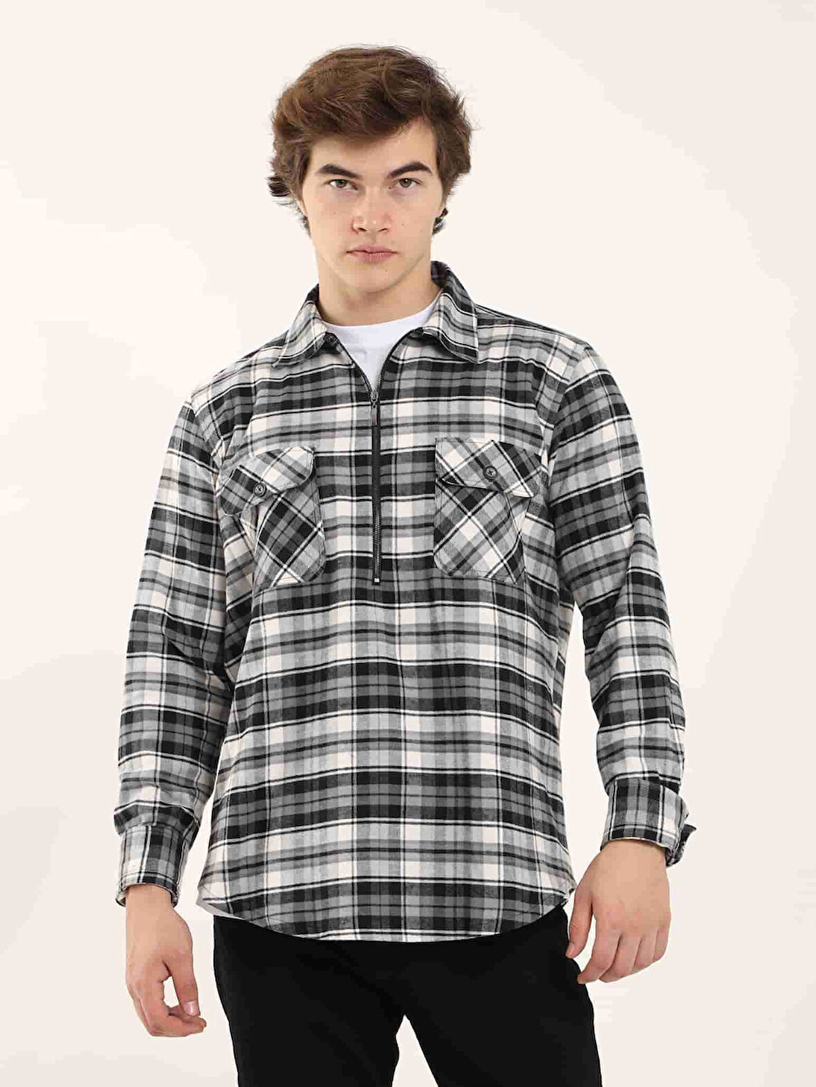 Dufy Gri Erkek Regular Fit Ekose Desenli Klasik Yaka Uzun Kol Oduncu Gömlek - 97891