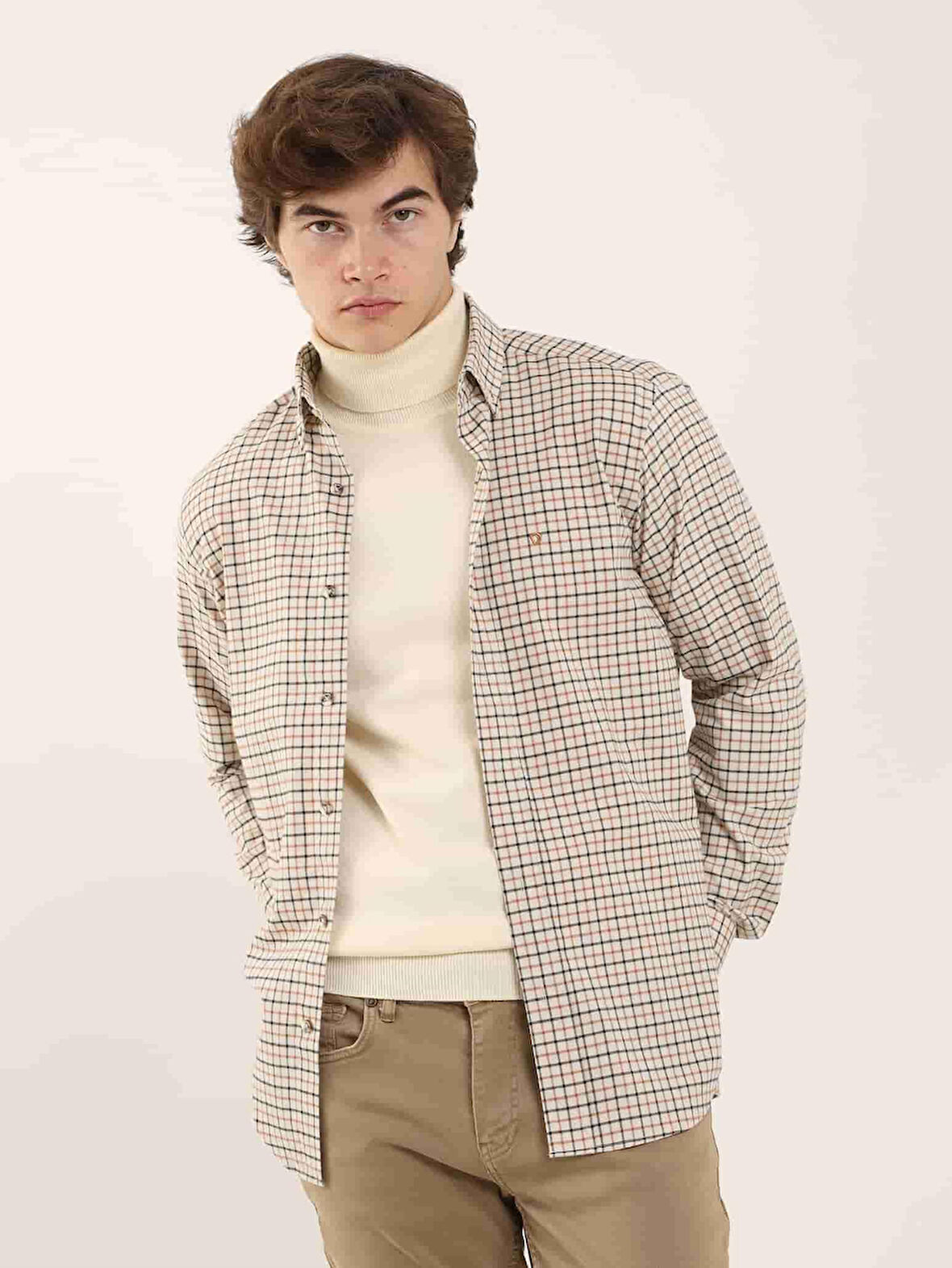 Dufy Kiremit Erkek Regular Fit Kareli Düğmeli Yaka Uzun Kol Oduncu Gömlek - 97896