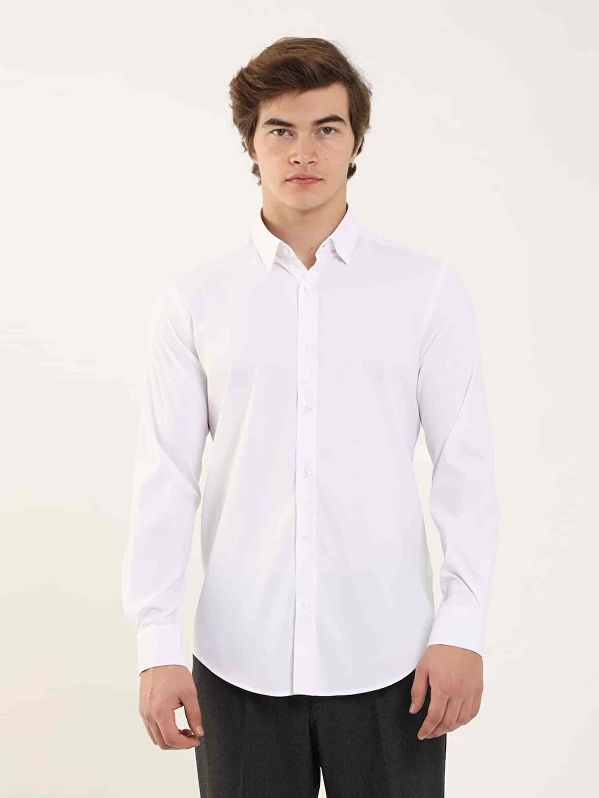 Dufy Beyaz Erkek Slim Fit Kareli Alttan Düğmeli Yaka Uzun Kol Gömlek - 97906