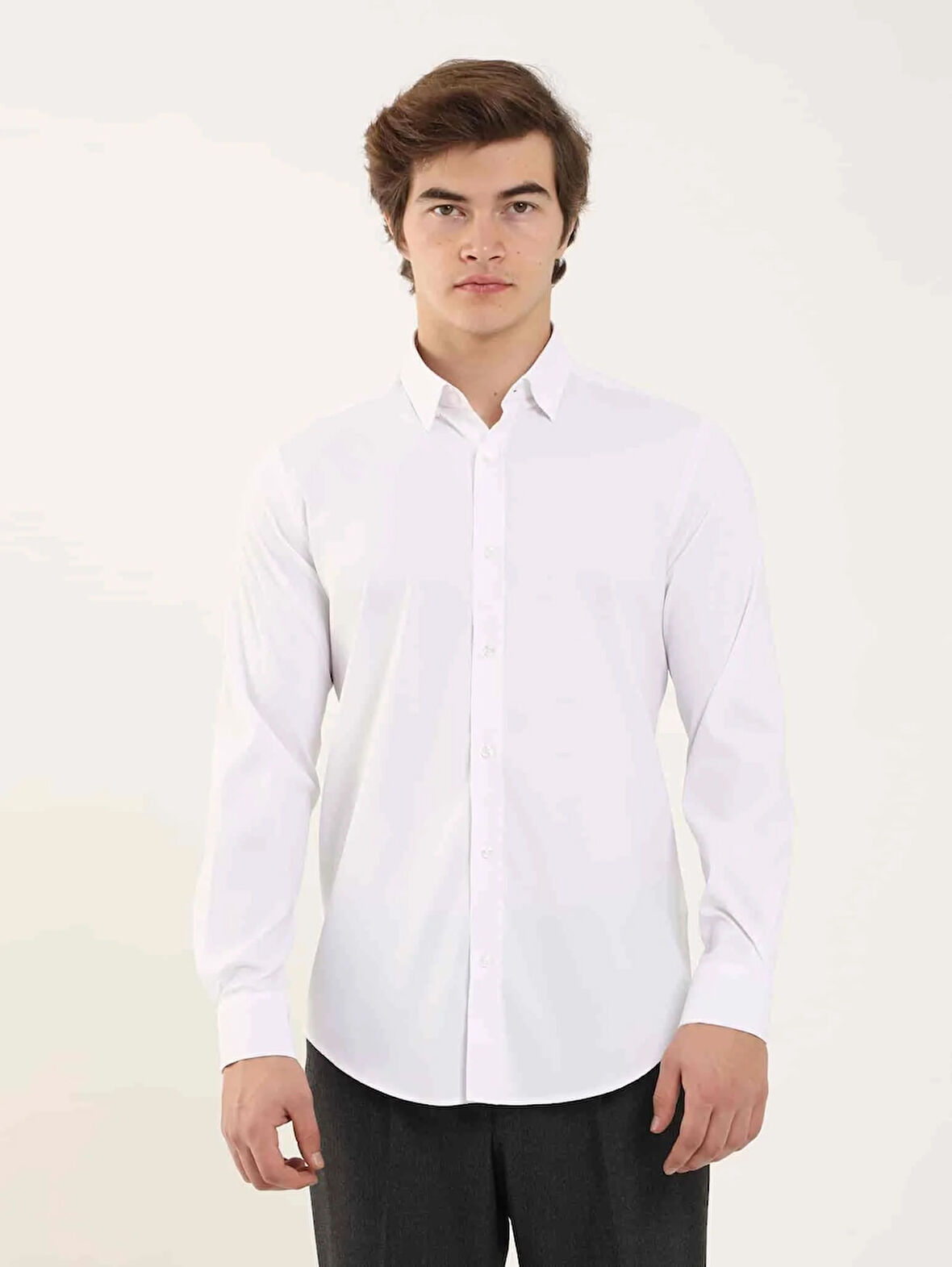 Dufy Beyaz Erkek Slim Fit Kareli Alttan Düğmeli Yaka Uzun Kol Gömlek - 97906