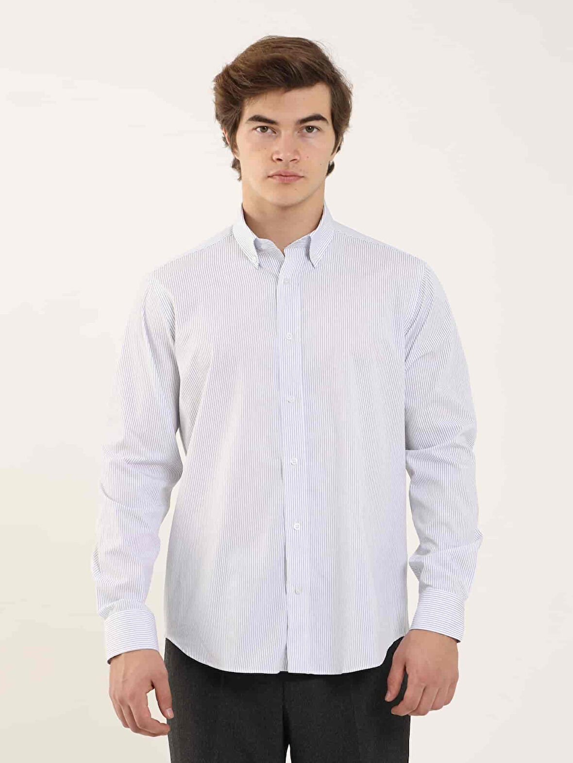 Dufy Lacivert Erkek Regular Fit Çizgili Düğmeli Yaka Uzun Kol Gömlek - 97936