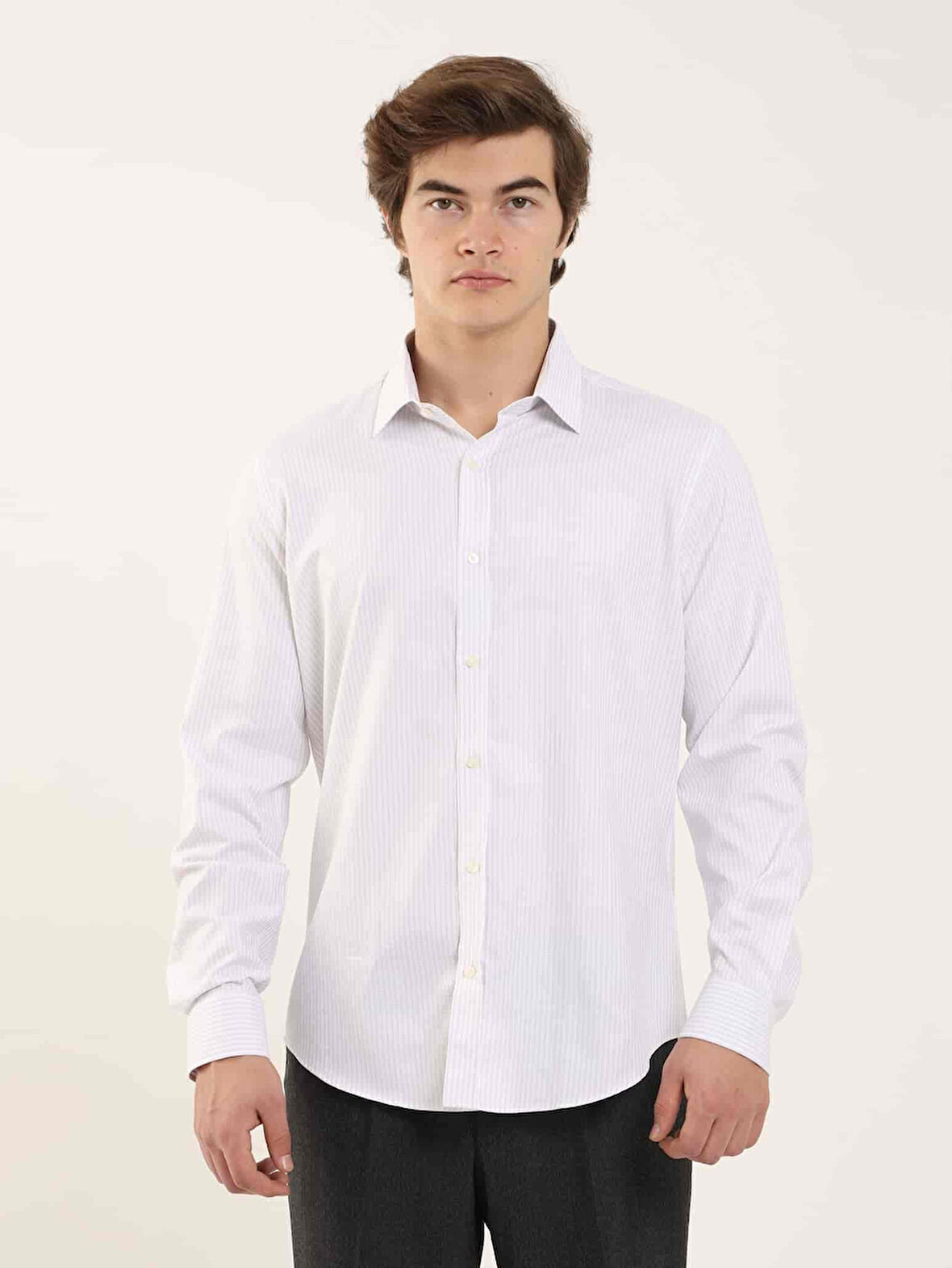 Dufy Gri Erkek Slim Fit Çizgili Klasik Yaka Uzun Kol Gömlek - 97946