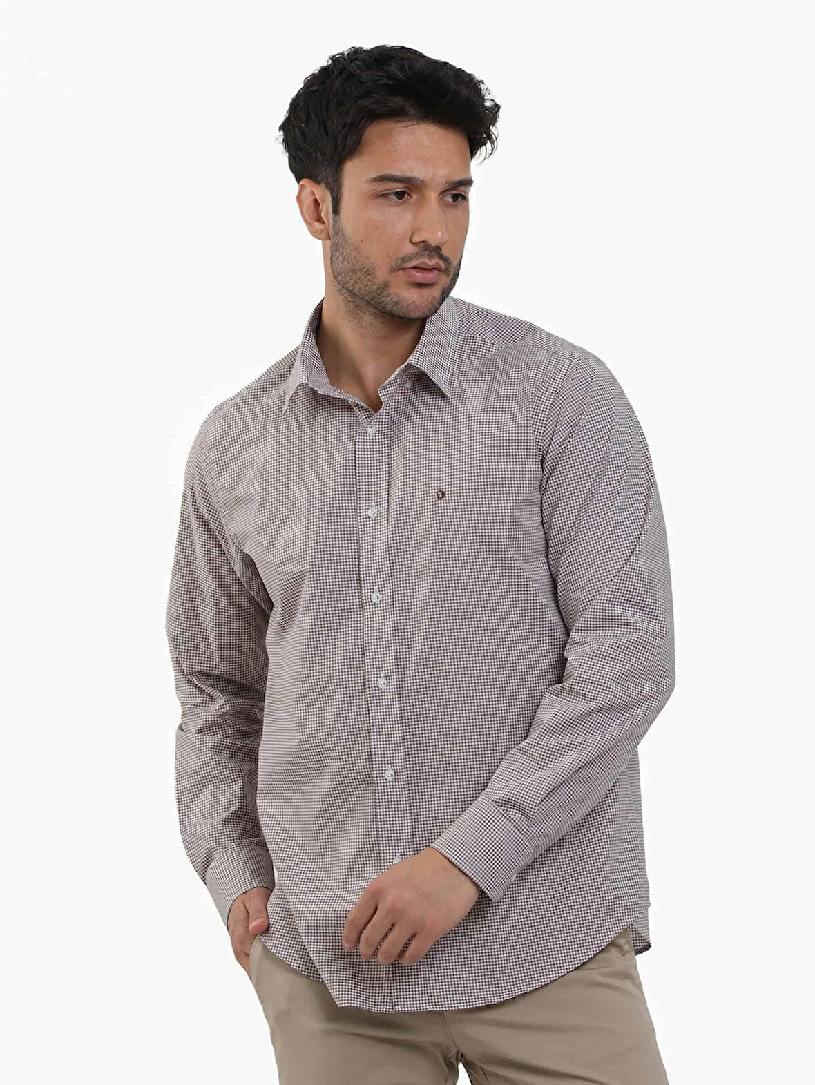 Dufy Kahverengi Erkek Regular Fit Pitikare Desenli Düğmeli Yaka Uzun Kol Gömlek - 98369