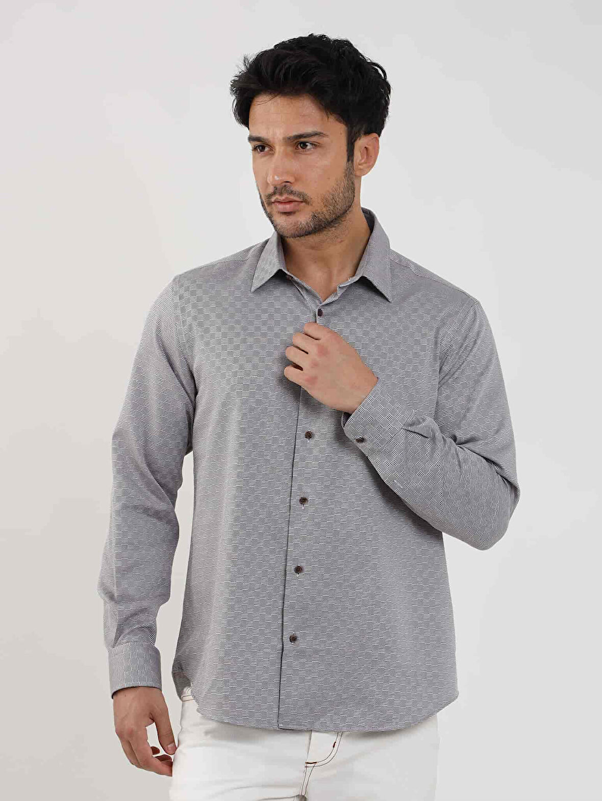 Dufy Kahverengi Erkek Regular Fit Armürlü Düğmeli Yaka Uzun Kol Gömlek - 99134