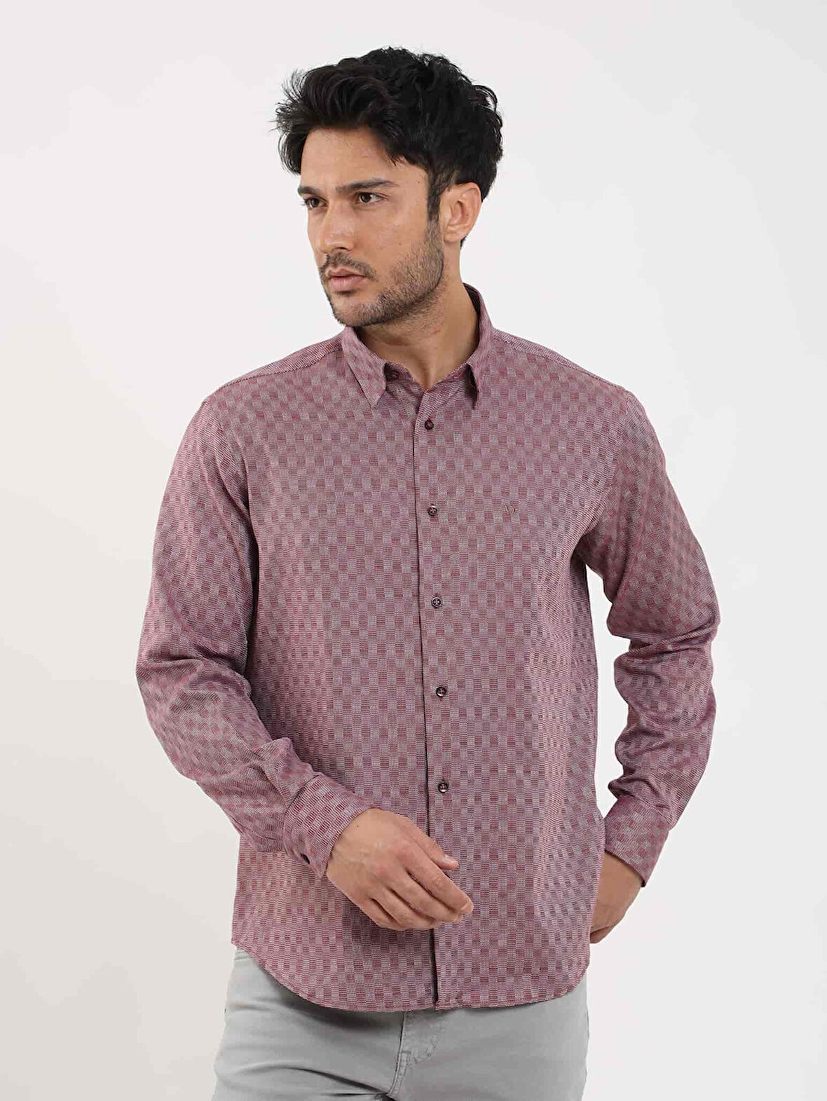 Dufy Bordo Erkek Regular Fit Desenli Düğmeli Yaka Uzun Kol Gömlek - 99219