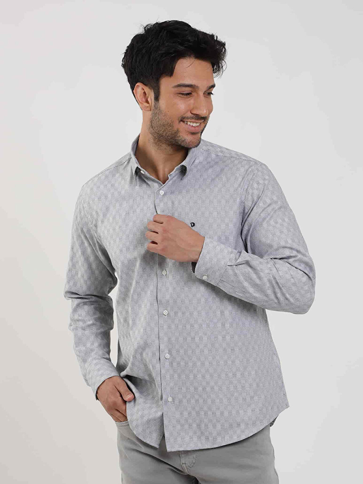 Dufy Siyah Erkek Regular Fit Desenli Düğmeli Yaka Uzun Kol Gömlek - 99474