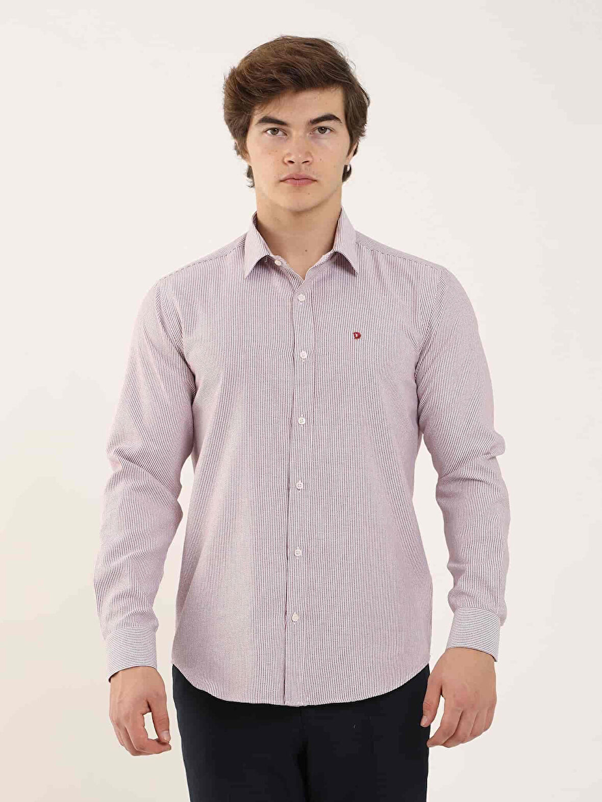 Dufy Bordo Erkek Slim Fit Çizgili Brent Yaka Uzun Kol Gömlek - 99559