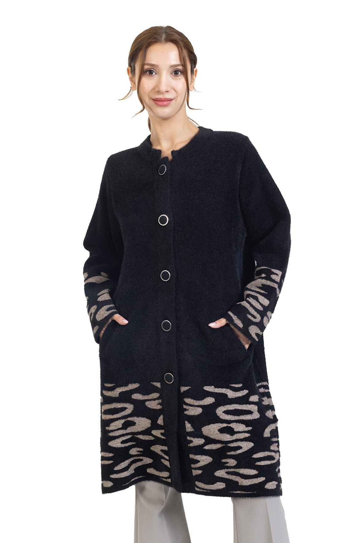 Yeni Sezon 2023/2024 Orta Yaş Kadın Düğmeli Lurex Angel Desen Triko Örgü Uzun Anne Hırka 8165