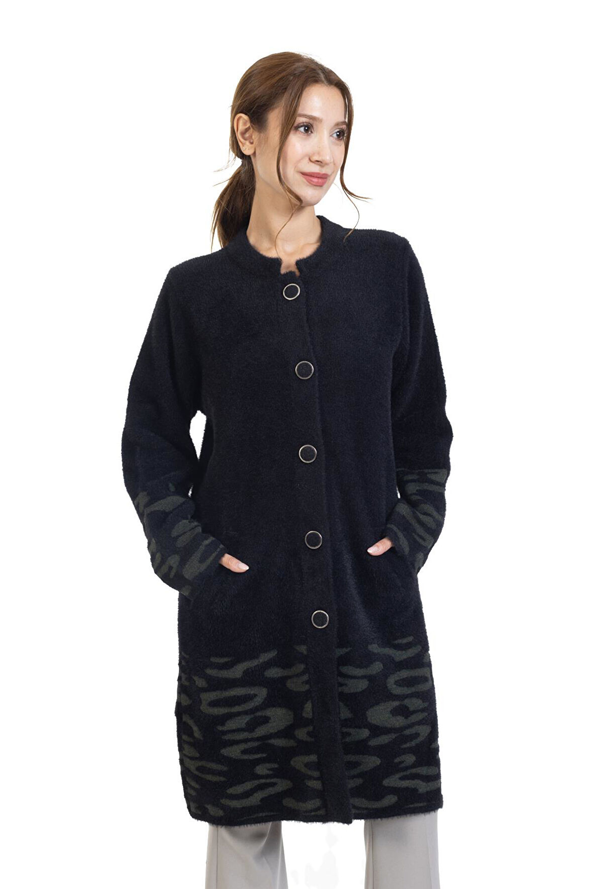 Yeni Sezon 2023/2024 Orta Yaş Kadın Düğmeli Lurex Angel Desen Triko Örgü Uzun Anne Hırka 8165