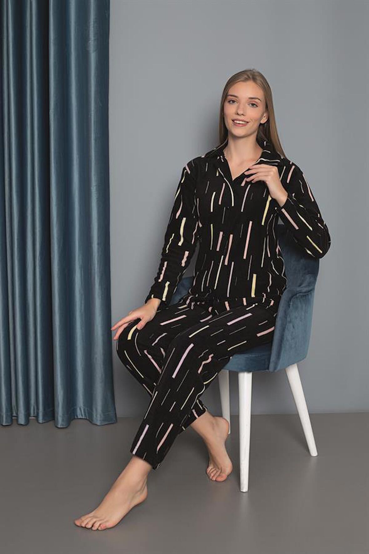 Yeni Sezon Sonbahar/Kış Kadın Welsoft Polar Düğmeli Çizgili Kalın Pijama Takımı 33001