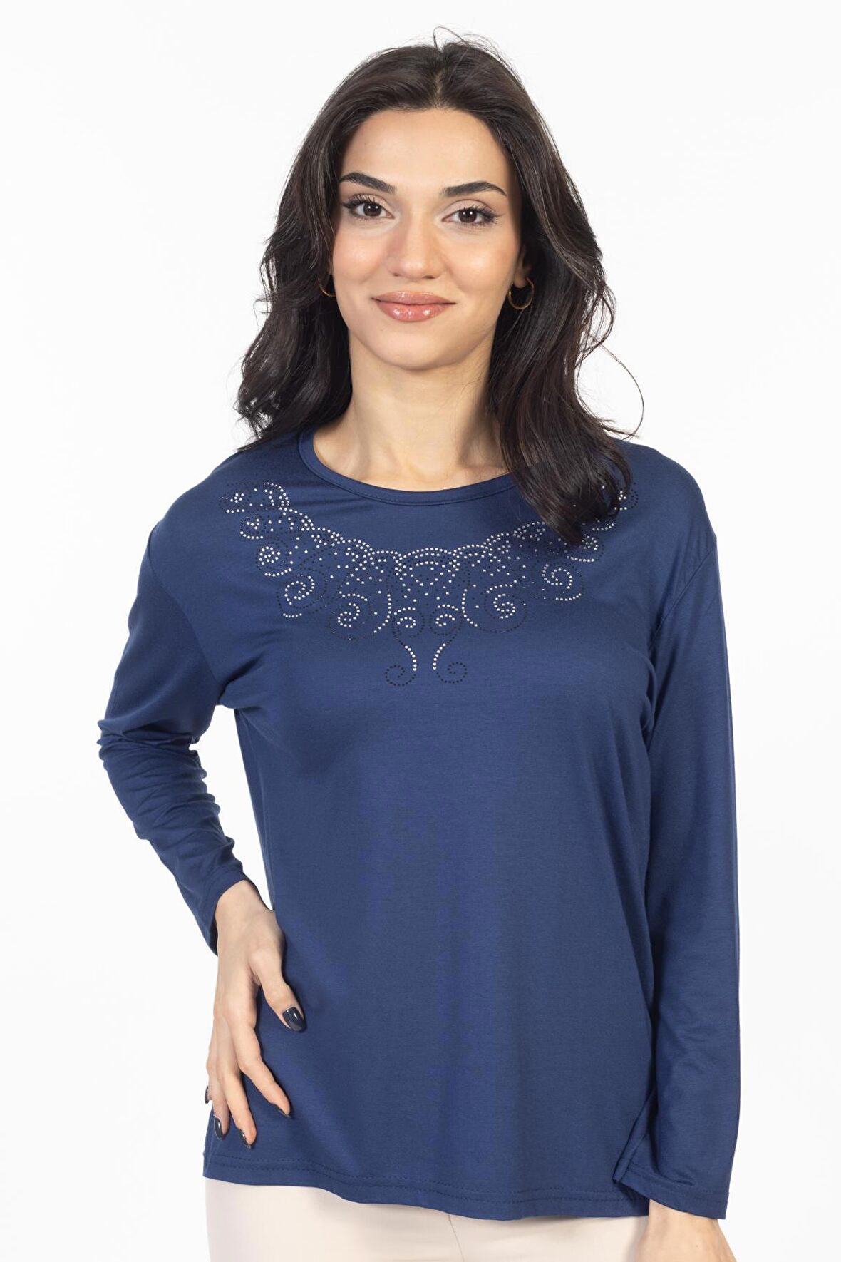 Yeni Model Taş İşlemeli Yuvarlak Yaka Likralı Anne Penye Bluz 6420