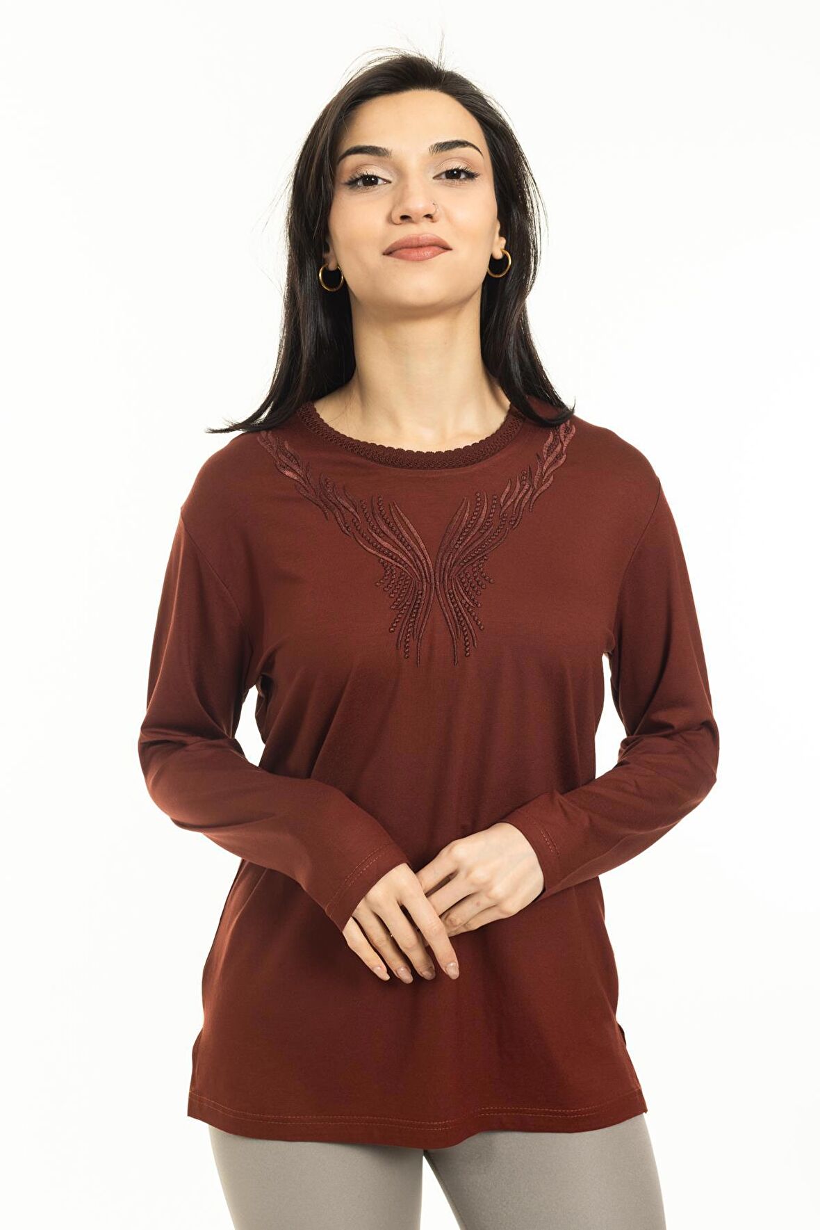 Yeni Sezon Kadın Orta Yaş ve Üzeri Yeni Desen Triko Yaka Likralı Anne Penye Bluz 30520