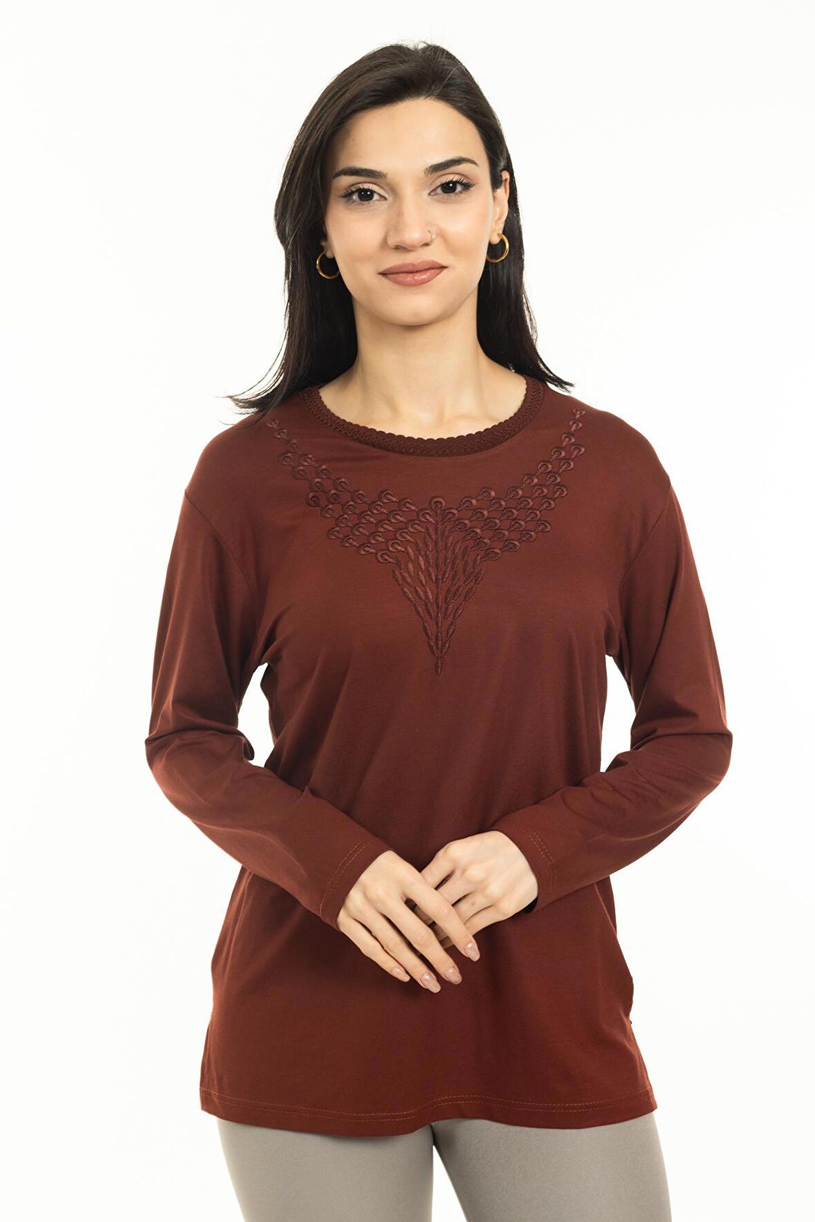 Yeni Sezon Kadın Orta Yaş ve Üzeri Yeni Desen Yuvarlak Yaka Likralı Anne Penye Bluz 30530