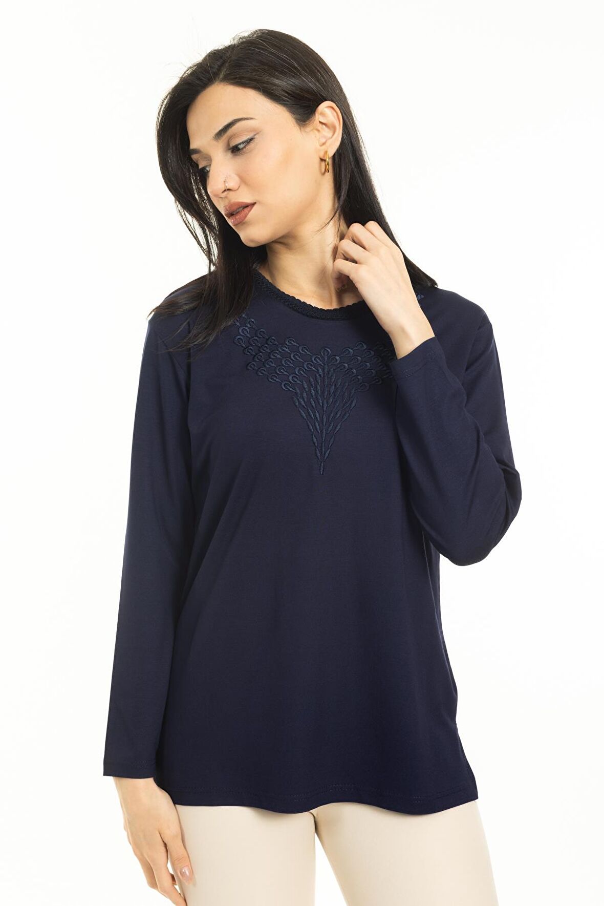 Yeni Sezon Kadın Orta Yaş ve Üzeri Yeni Desen Yuvarlak Yaka Likralı Anne Penye Bluz 30530