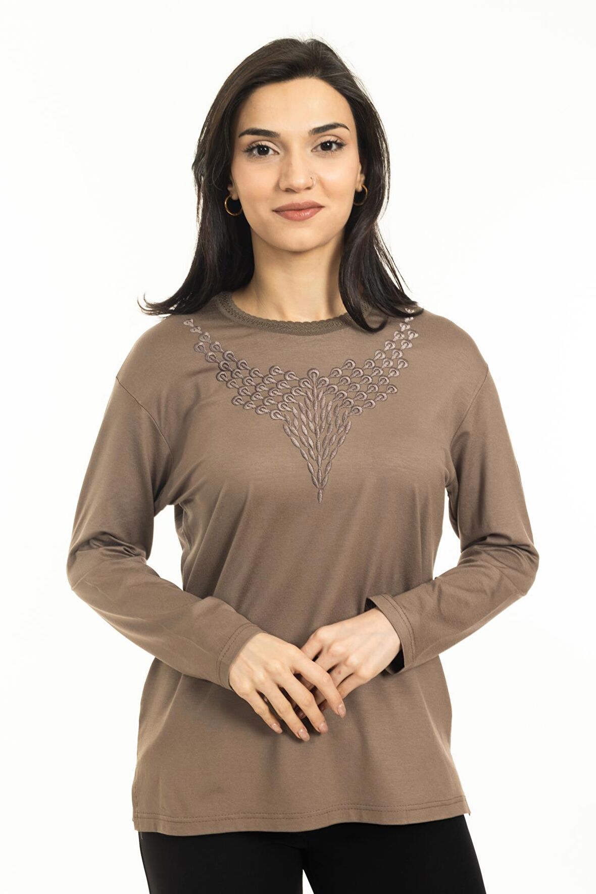 Yeni Sezon Kadın Orta Yaş ve Üzeri Yeni Desen Yuvarlak Yaka Likralı Anne Penye Bluz 30530