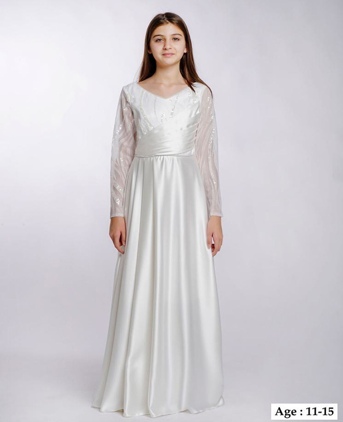 Kız Çocuk/Genç Yeni Moda Tafta Kumaş Uzun Kollu Tam Kalıp Abiye Elbise 5799