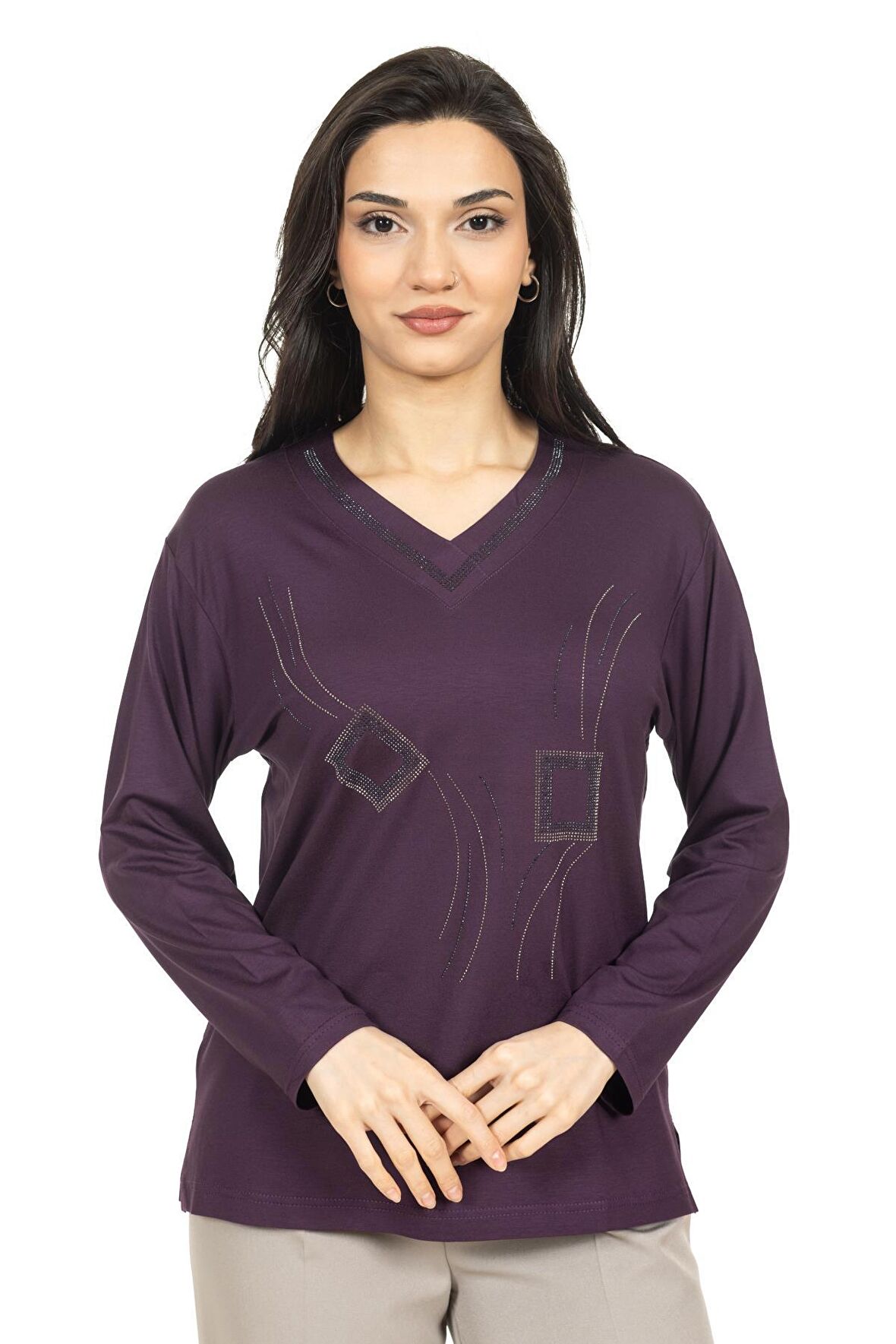 Kadın Orta Yaş ve Üzeri Yeni Model V Yaka Taş İşlemeli Anne Penye Bluz 30560