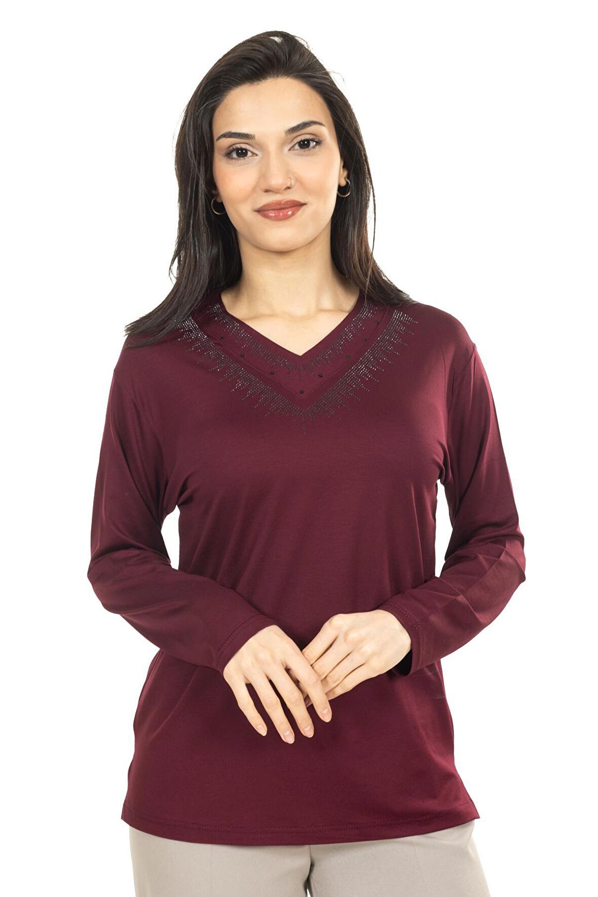 Kadın Orta Yaş ve Üzeri Yeni Model V Yaka Sade Model Anne Penye Bluz 30565