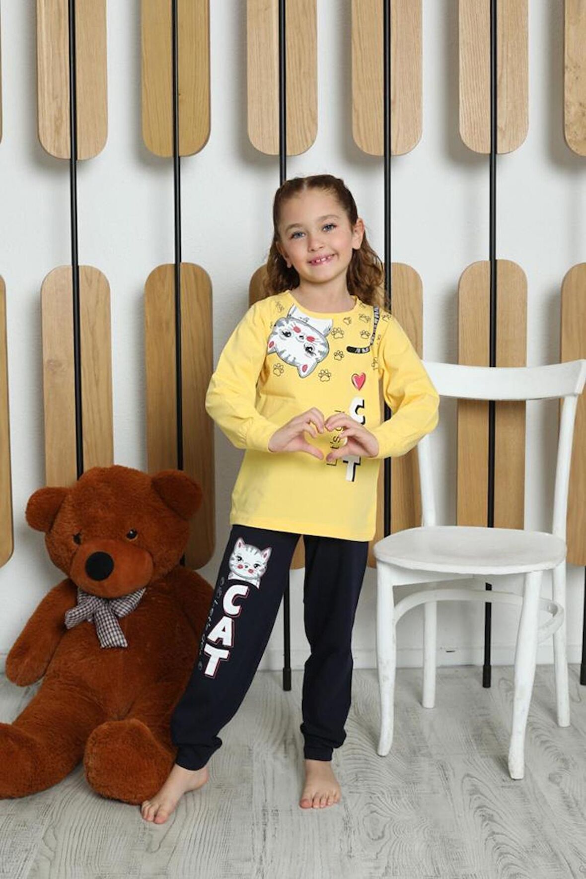 Yeni Sezon Kız Çocuk Garson Uzun Kollu Pamuk Cat Desen Penye Pijama Takımı 6053