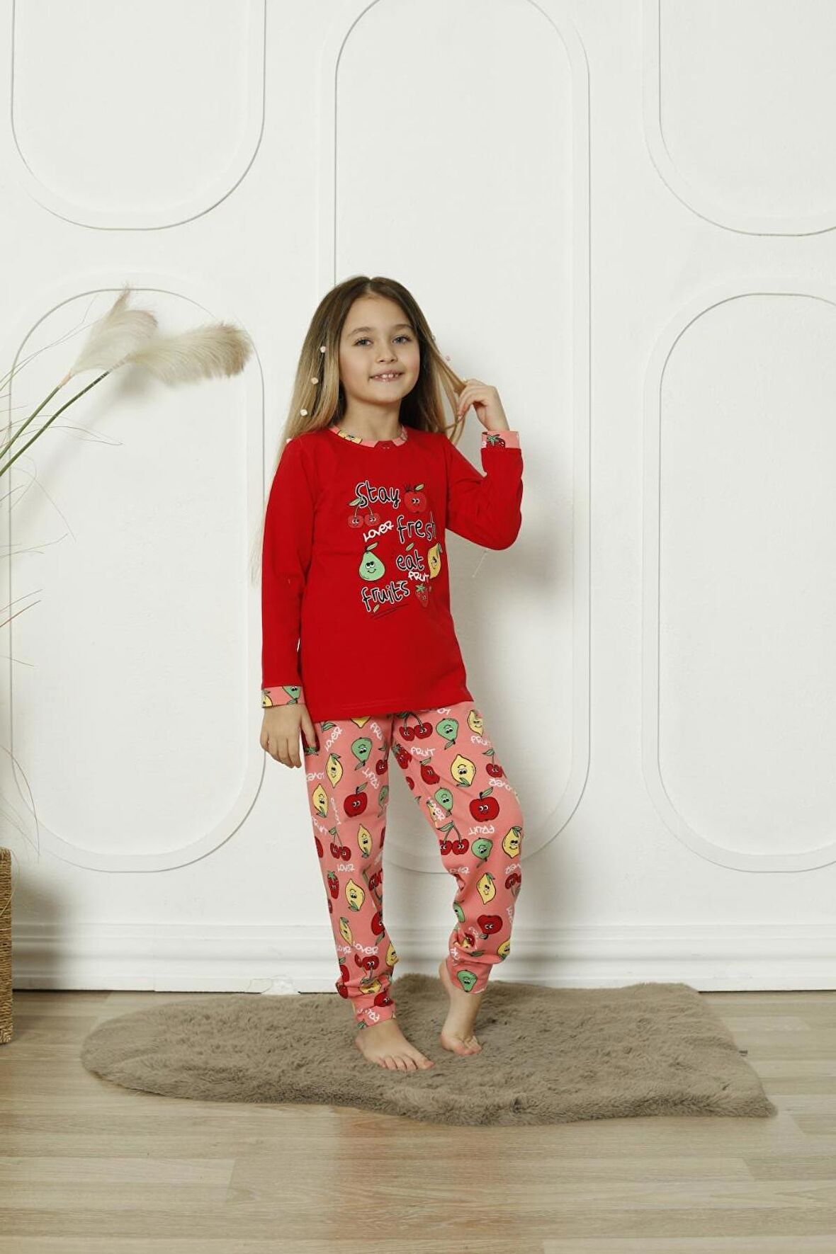 Yeni Sezon %100 Pamuk Kız Çocuk Garson Uzun Kollu Meyve Figürlü Penye Pijama Takımı 6072