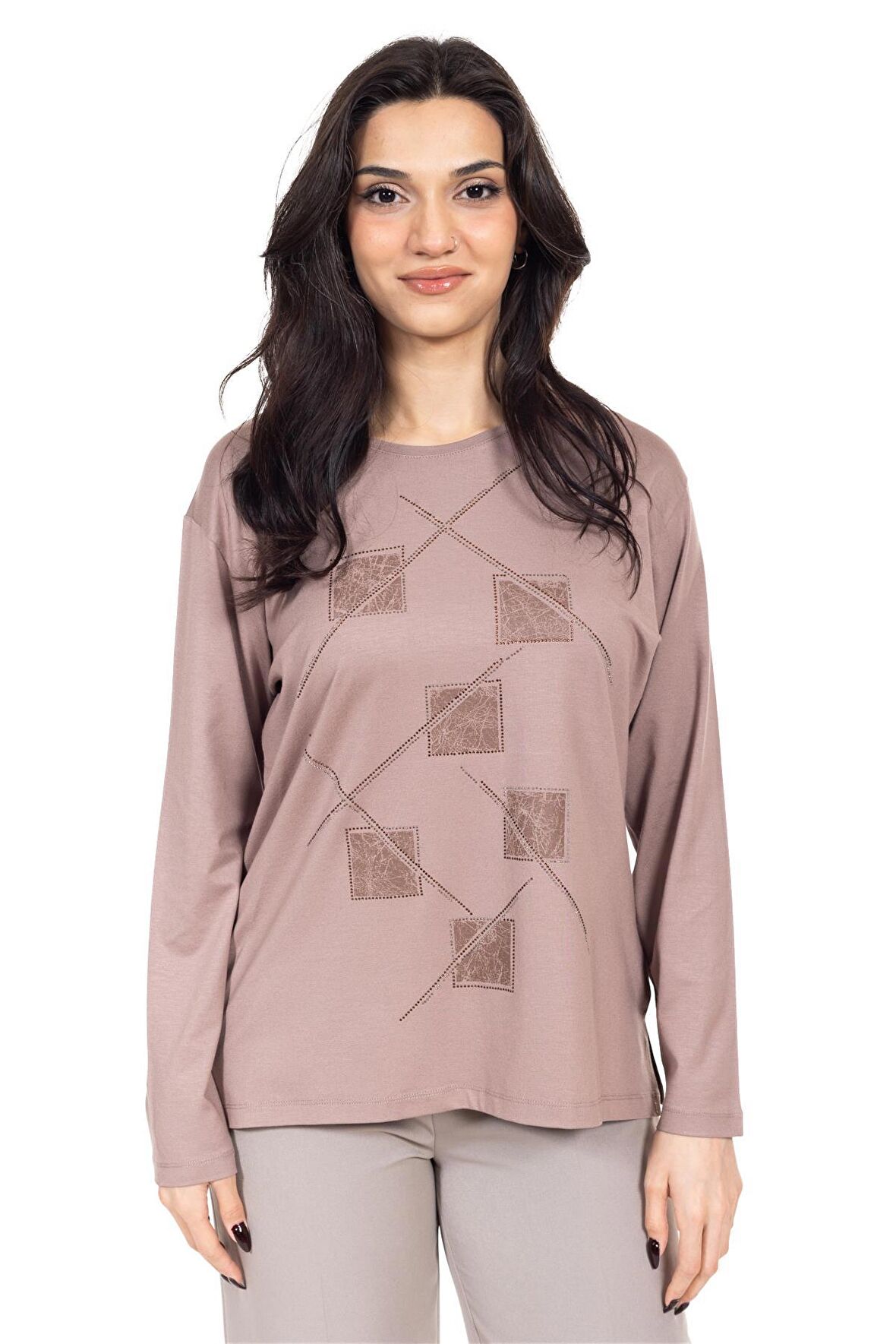 Yeni Sezon Kadın Orta Yaş ve Üzeri Viskoz Lazer Baskı İşlemeli Lüks Anne Penye Bluz 23350