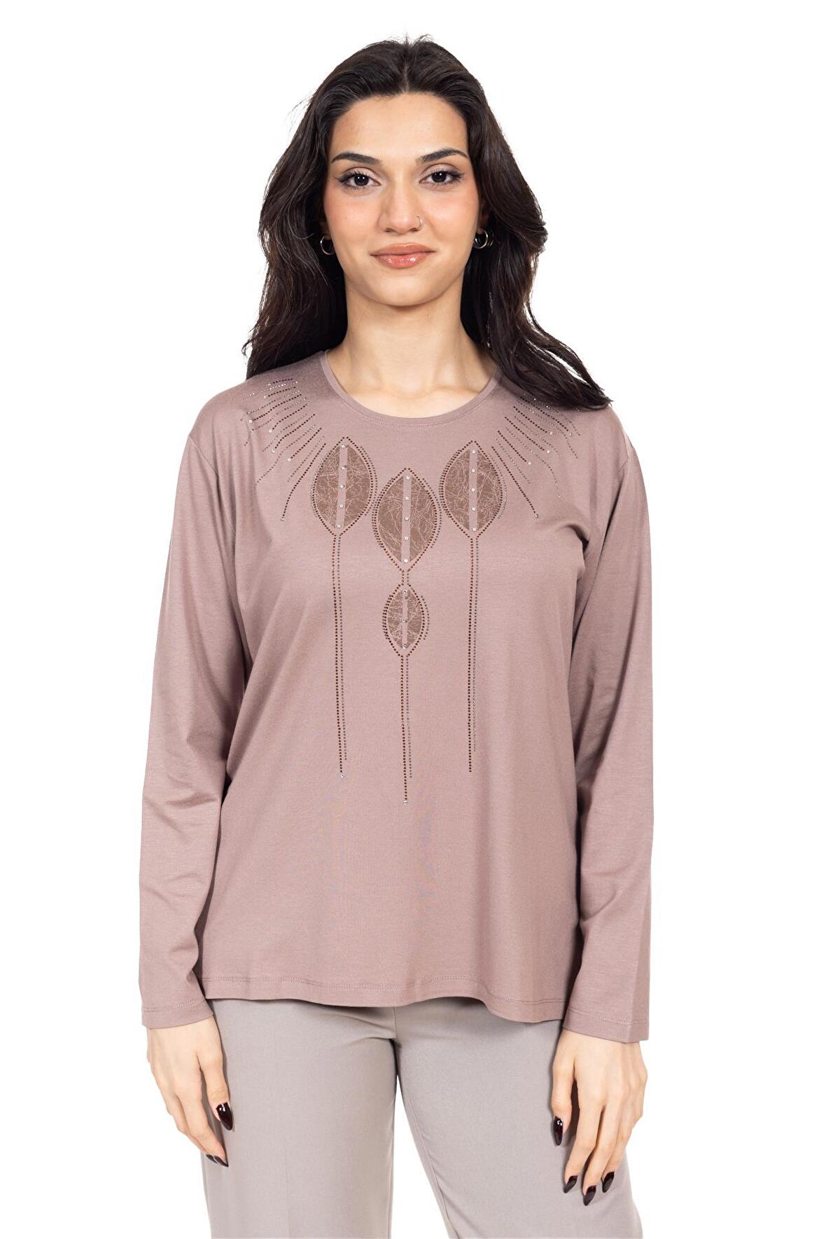 Yeni Sezon Kadın Orta Yaş ve Üzeri Viskoz Lazer Baskı İşlemeli Lüks Anne Penye Bluz 23351